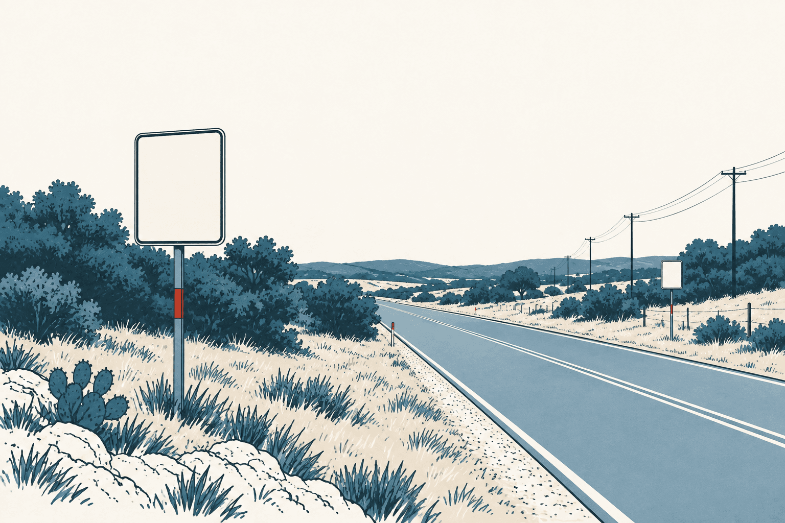 Stylized cream, navy and muted-blue illustration of a rural two-lane highway with blank roadside signs, utility poles, shrubs and distant hills.
