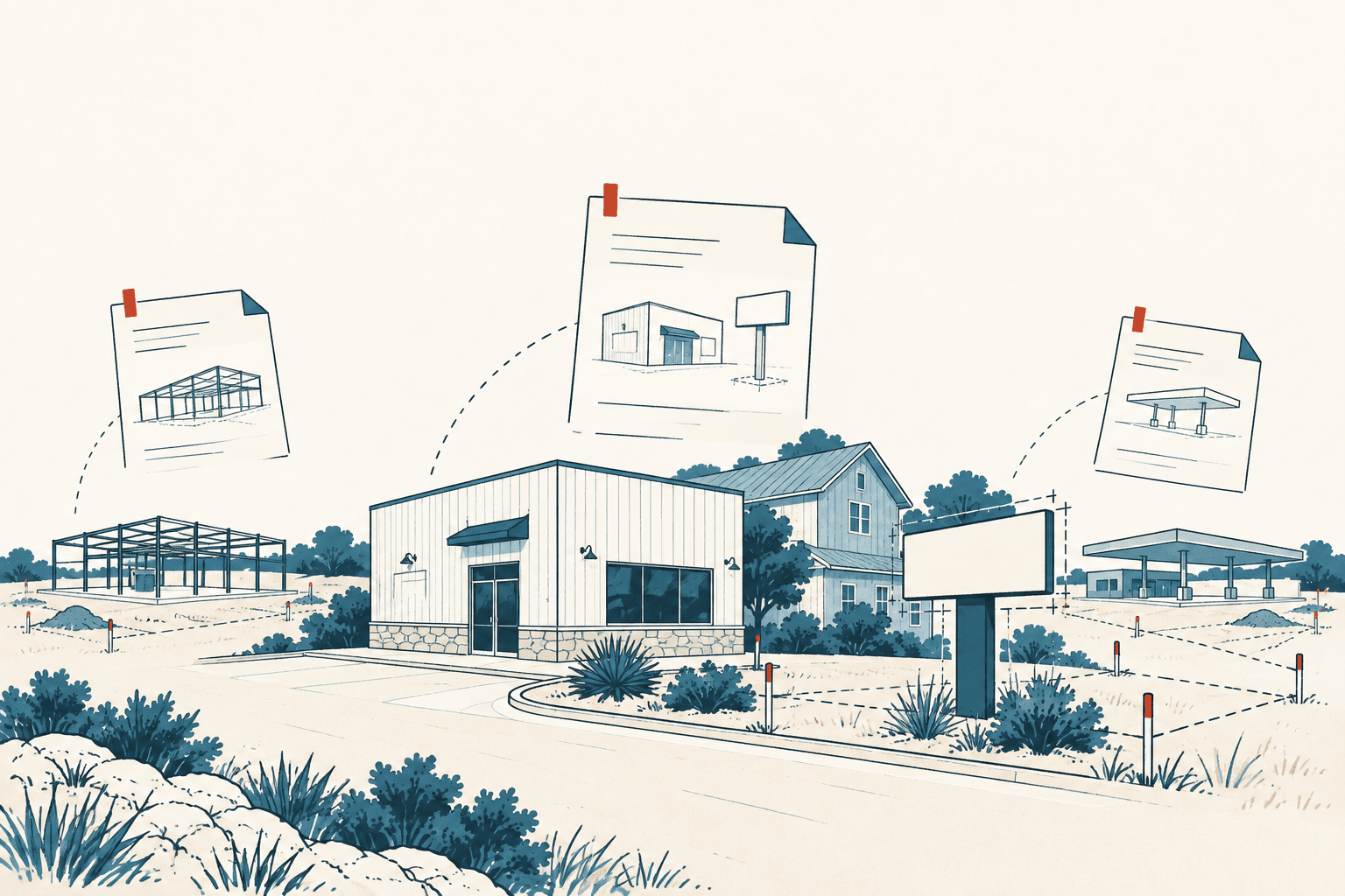 Stylized illustration of proposed commercial sites, including a retail building, steel-frame construction and a gas-station canopy, with plan sheets floating above.