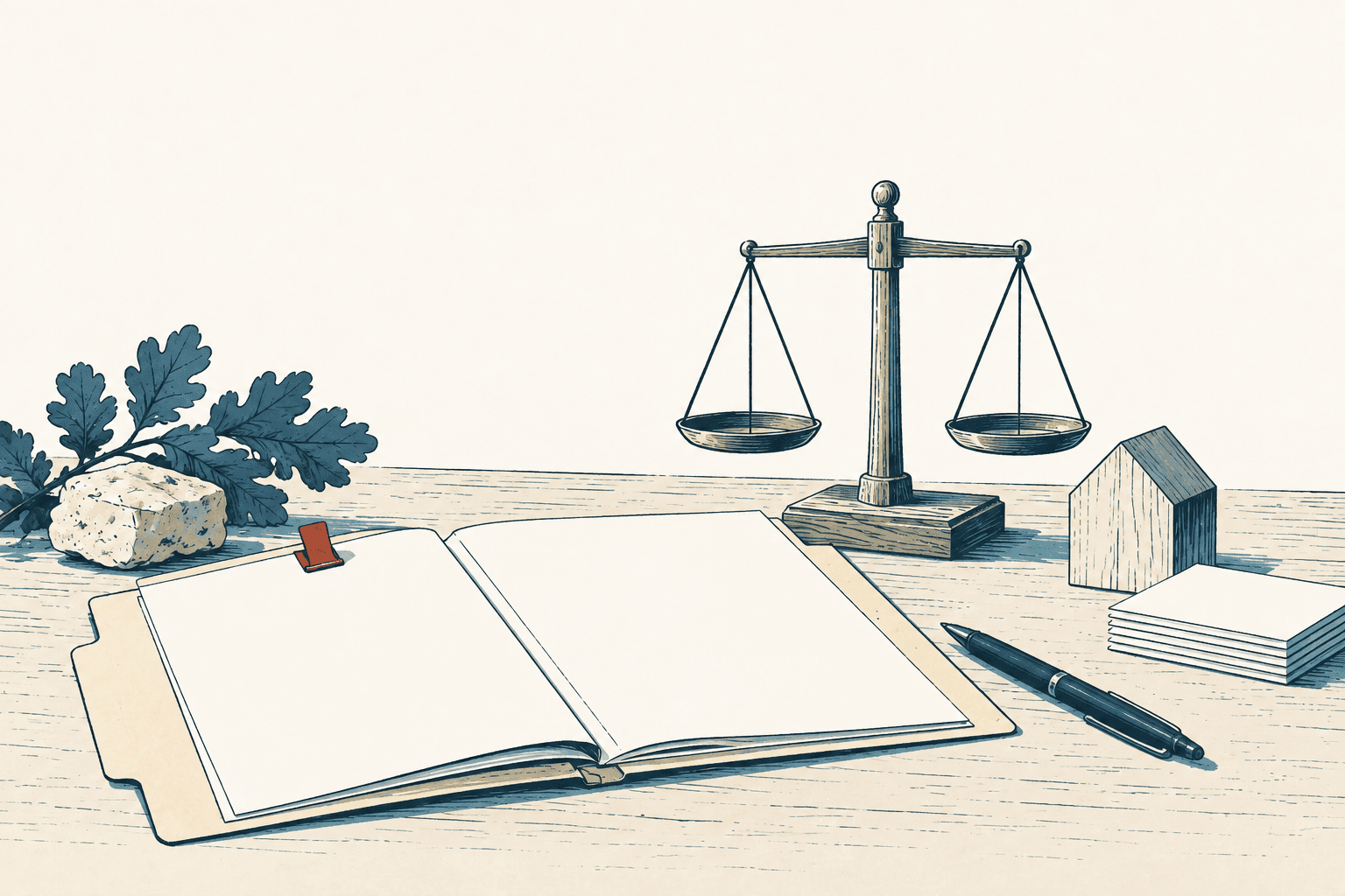Stylized cream, navy and muted-blue illustration of an open blank ledger beside a balance scale, model house, papers and pen.