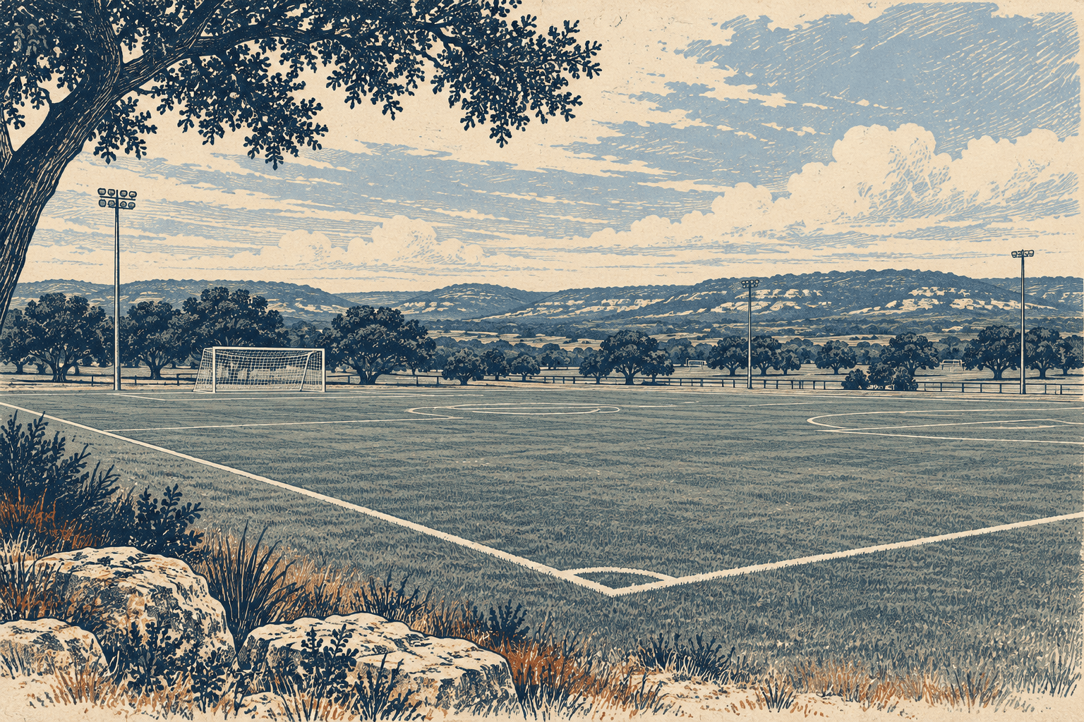 Illustration of an empty soccer field, goal, light poles, live oaks and low Hill Country hills.