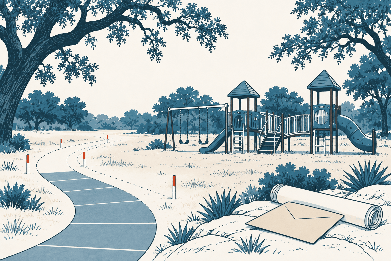Stylized cream and muted-blue illustration of a winding park trail leading toward an empty playground, with rolled plans and an envelope in the foreground.