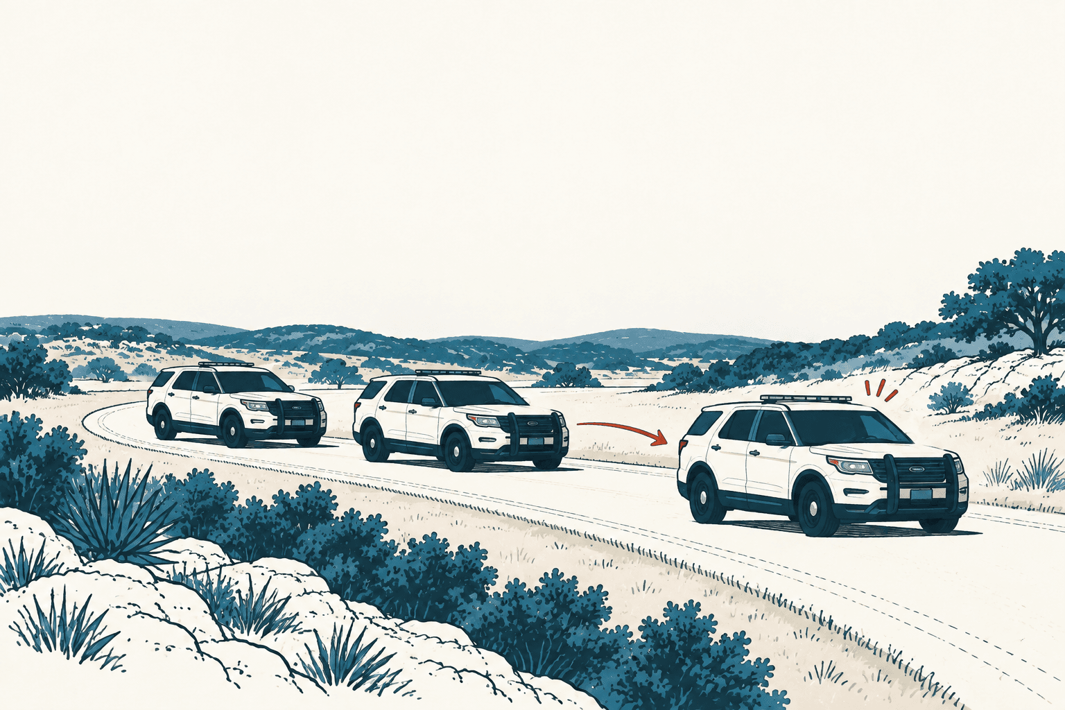 Three white patrol SUVs drive in a line along a winding rural road through pale, brush-covered hills.