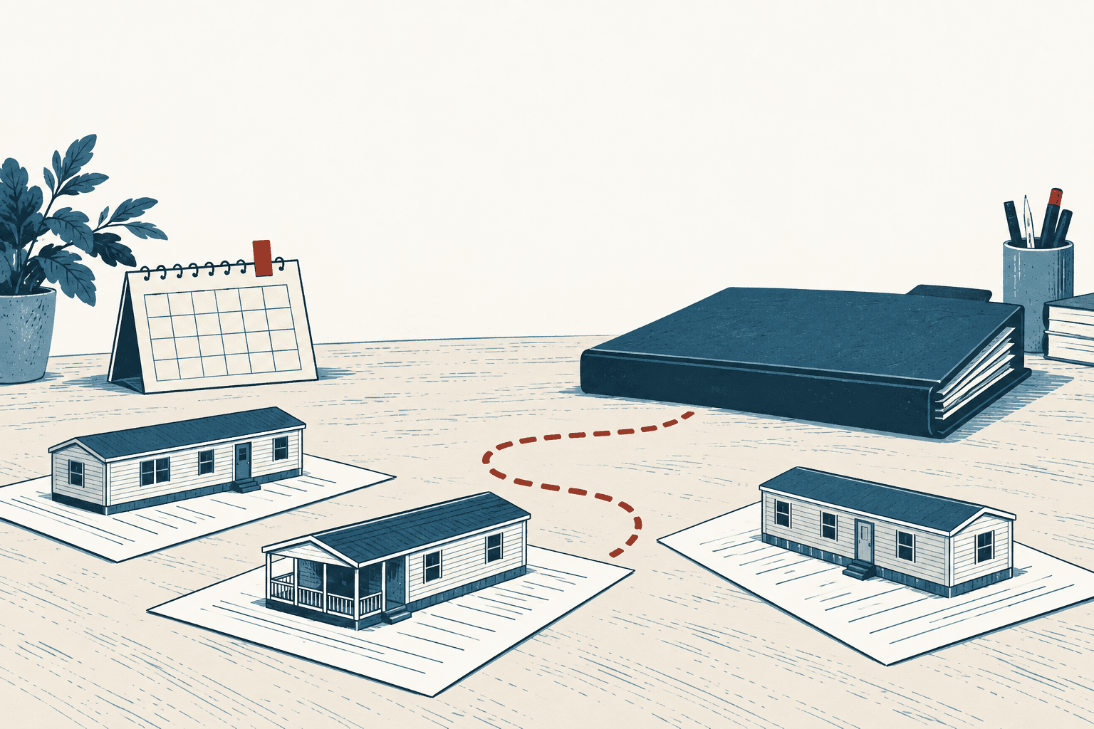Editorial illustration of three manufactured homes arranged on documents beside a desk calendar and permit folder, linked by a winding red dashed line.