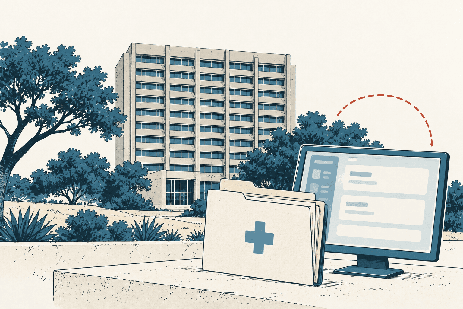 Illustrated medical building behind a folder marked with a blue medical cross and a computer screen showing blank interface panels.