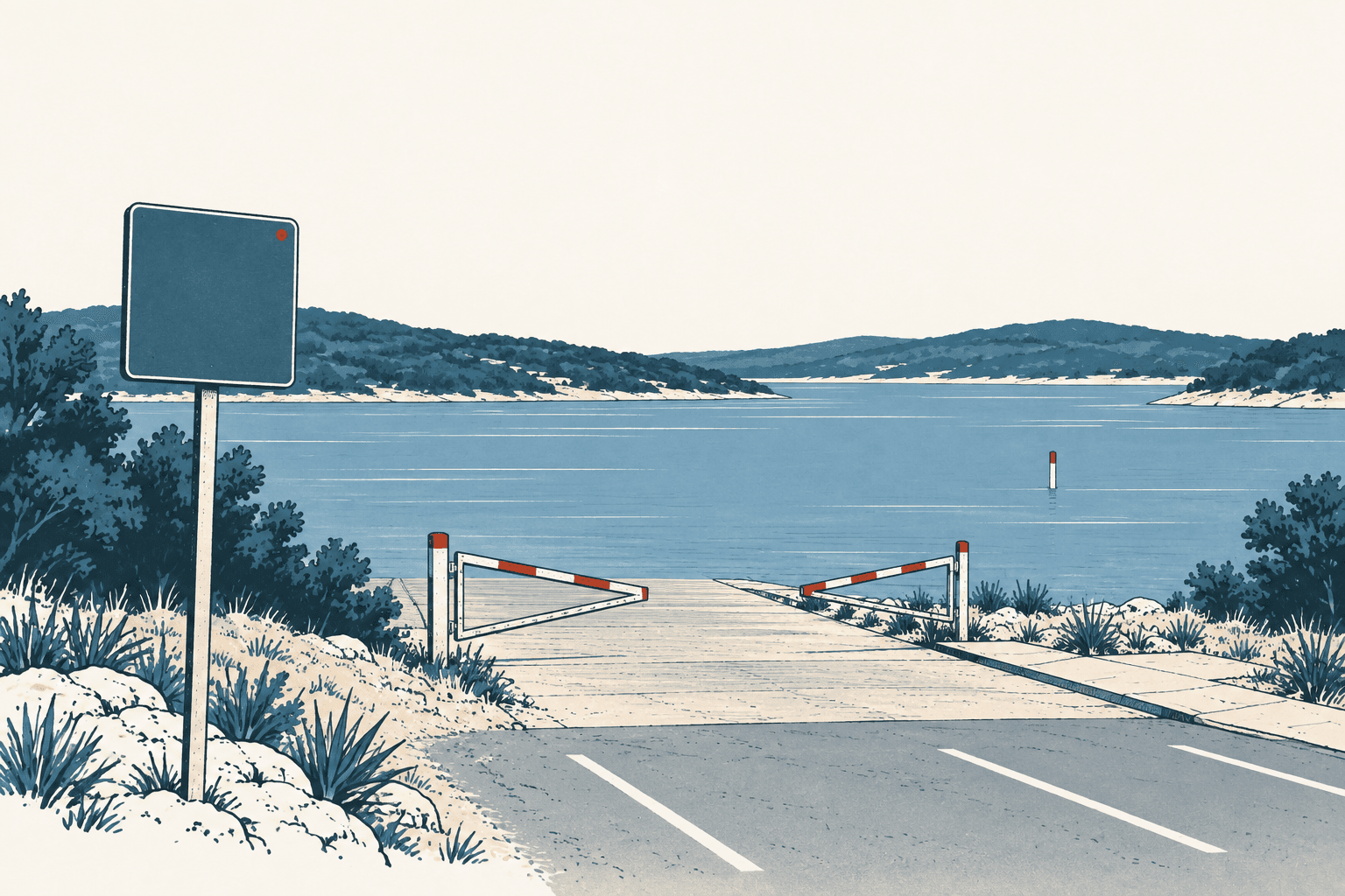 Stylized cream, navy and muted-blue illustration of a gated boat ramp descending into a lake, with a blank roadside sign and wooded hills in the distance.