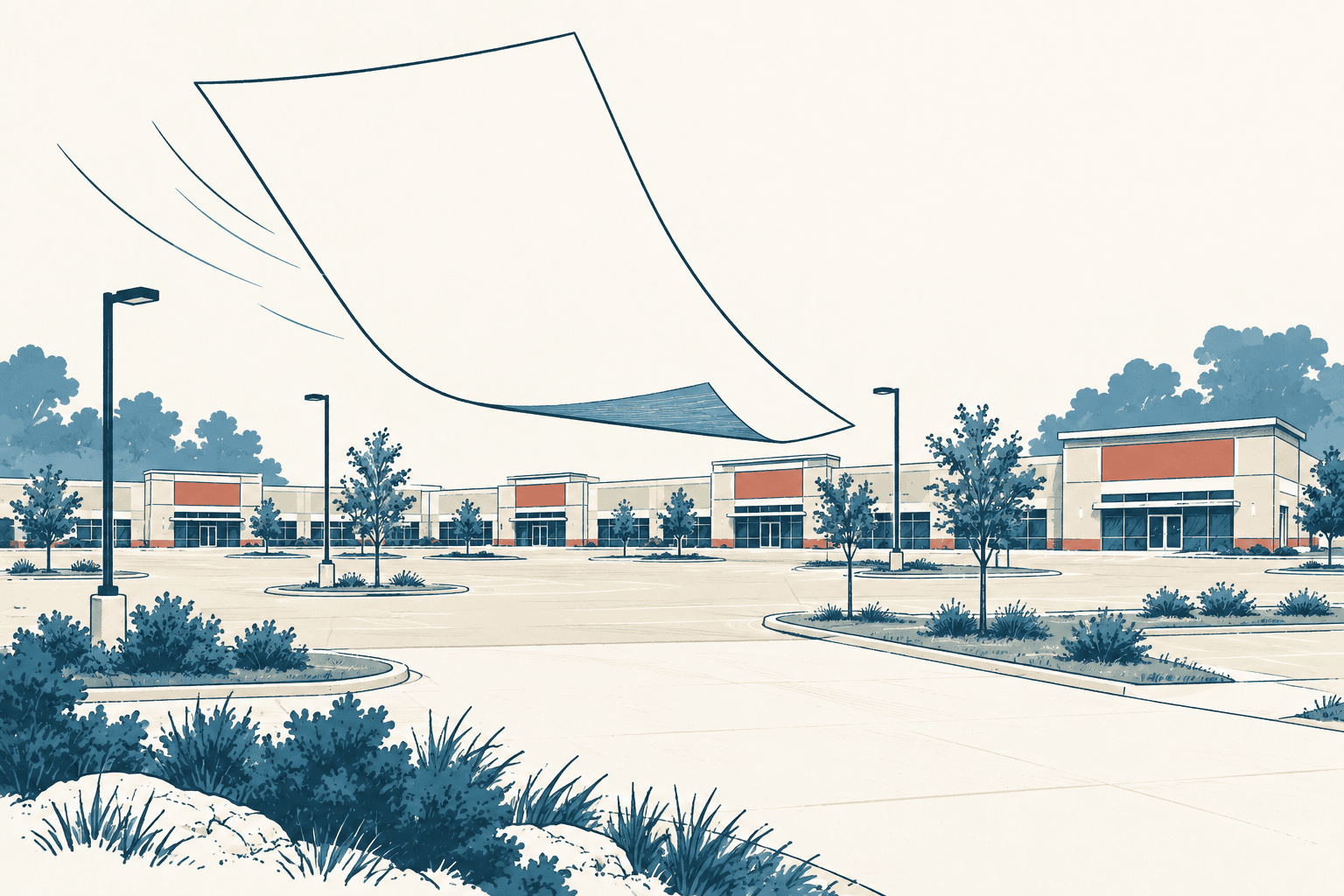 Airy cream, navy and muted-blue illustration of an empty suburban college campus and parking lot beneath a large symbolic sheet of paper.