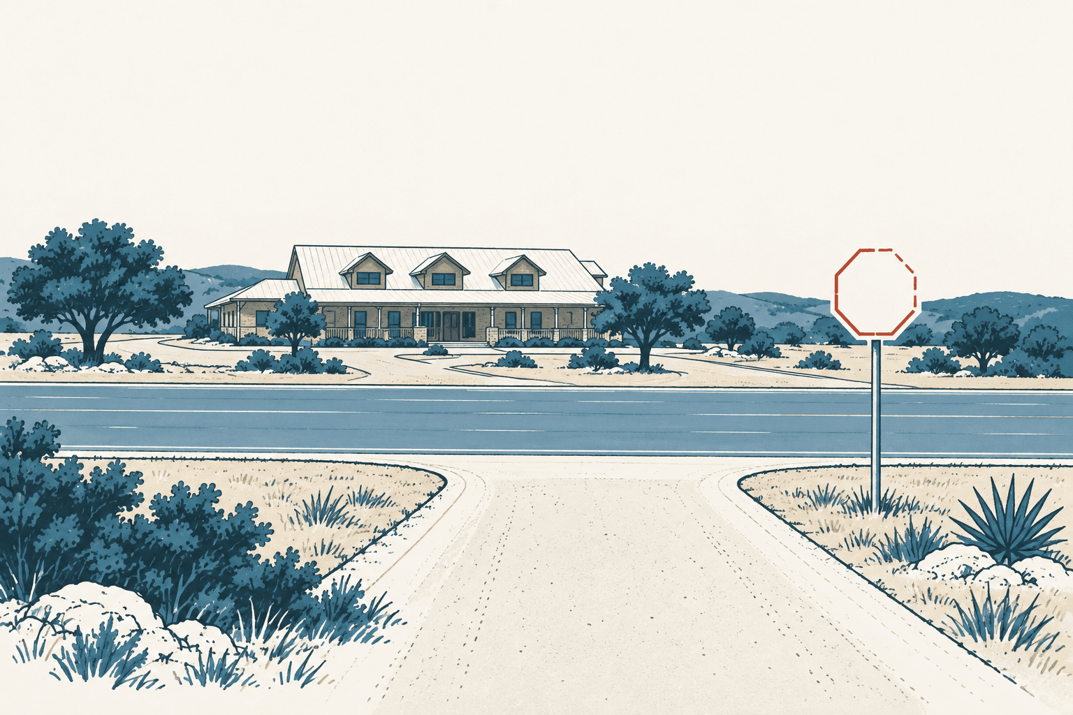 Airy cream-and-blue illustration of a stop sign beside a rural intersection, with a ranch-style building, trees and low hills in the distance.