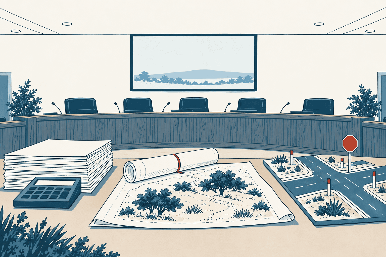 An empty council chamber with microphones overlooks a table holding budget documents, a calculator, development plans and a model intersection with a stop sign.