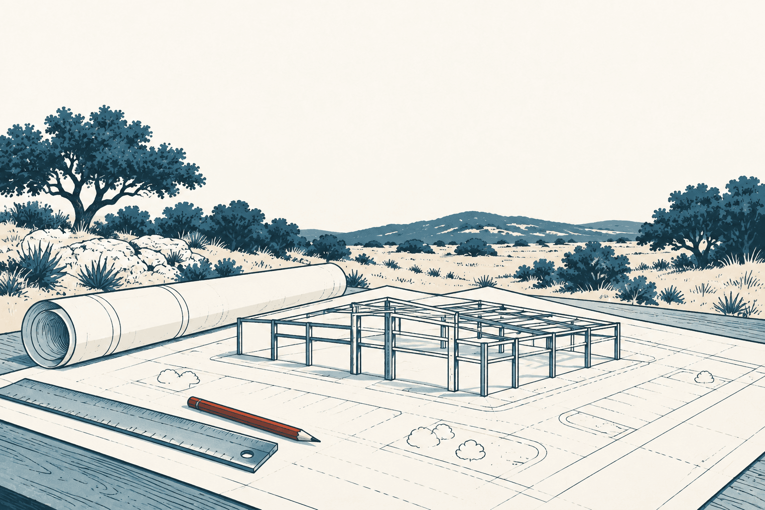 Stylized cream-and-navy illustration of retail building plans with a steel-frame model, rolled blueprint, ruler and pencil against a scrubby hill-country landscape.