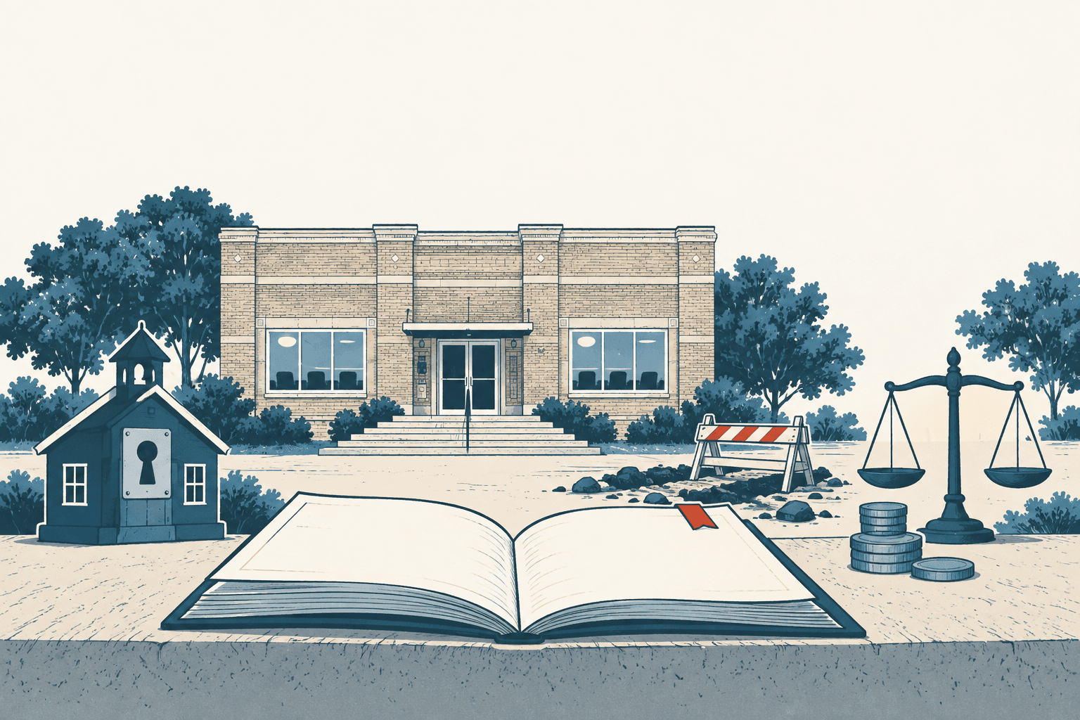 Editorial illustration of a municipal building behind an open budget book, with a lock-front schoolhouse, roadwork barricade, balance scale and stacks of coins in cream, navy and muted blue.