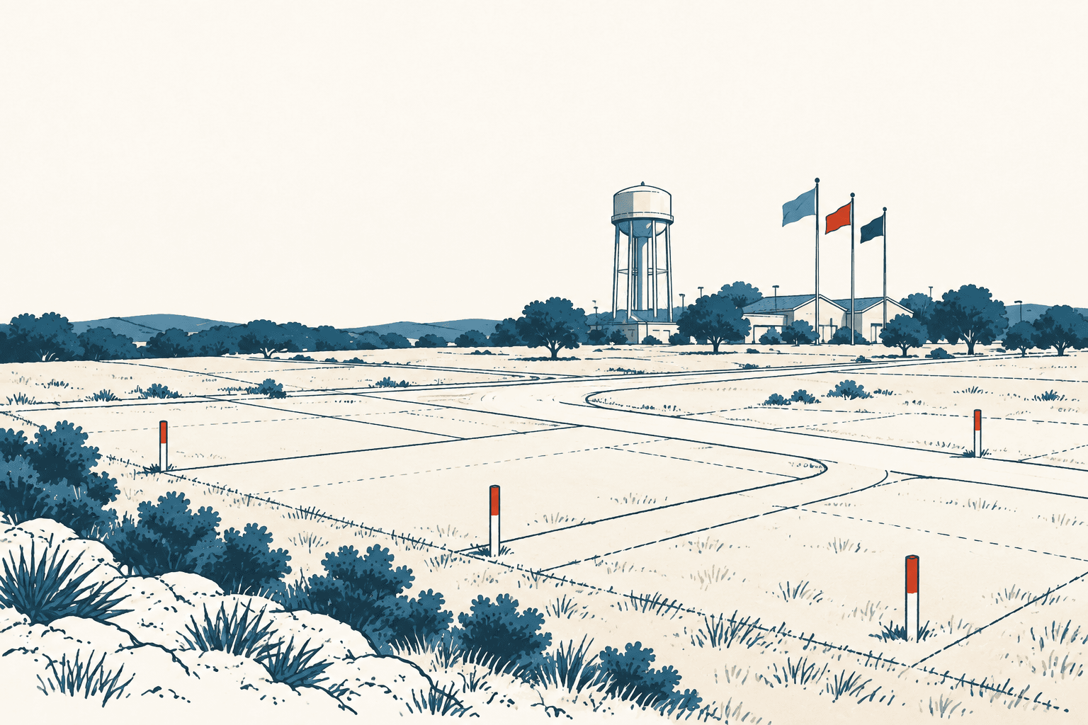 Airy cream, navy and muted-blue illustration of marked land parcels, roads, shrubs, municipal buildings, flags and a water tower.