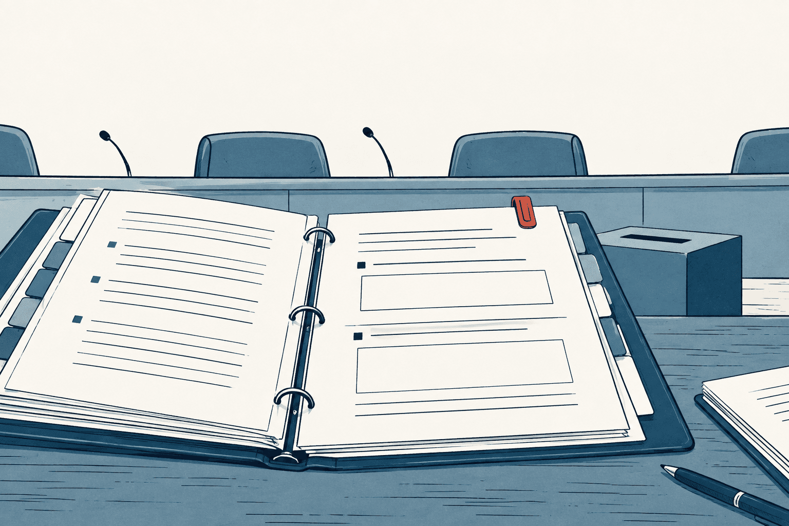 Stylized illustration of an open ring binder with blank form fields on a boardroom table, with empty chairs and microphones in the background.