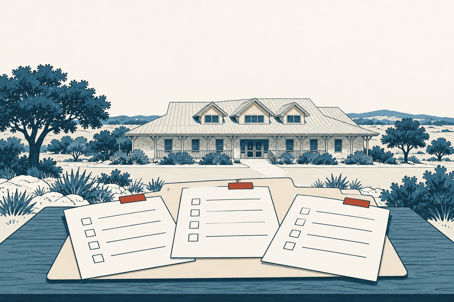 Three blank evaluation forms rest on a table before an illustrated municipal building in a cream, navy and muted-blue landscape.