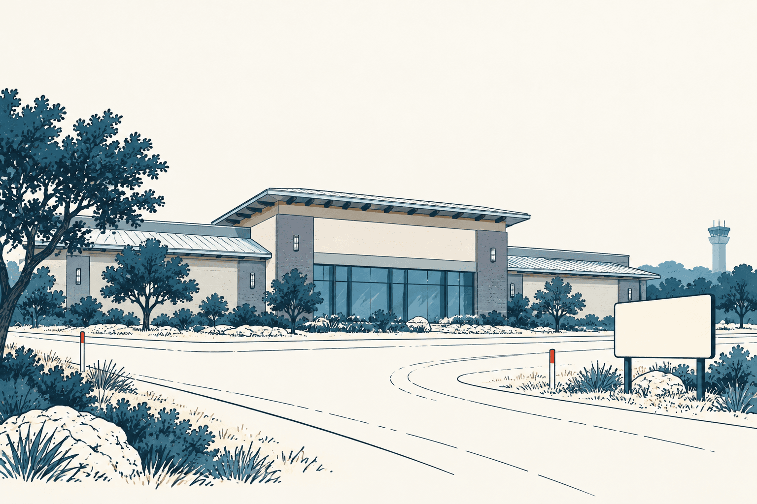 Blue and cream illustration of a civic building beside a curving road, with trees, an empty sign and a distant airport tower.