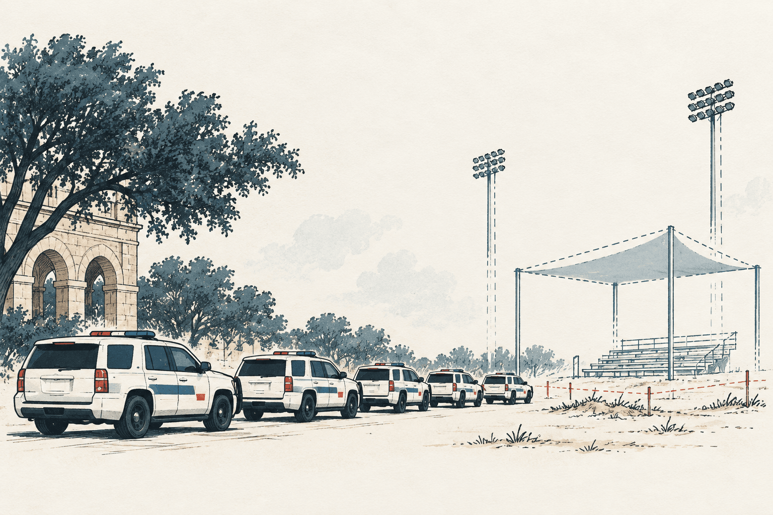 Airy hand-drawn illustration of white patrol SUVs near a sports field with light poles, a shade canopy and bleachers, rendered in cream, navy, muted blue and rust.