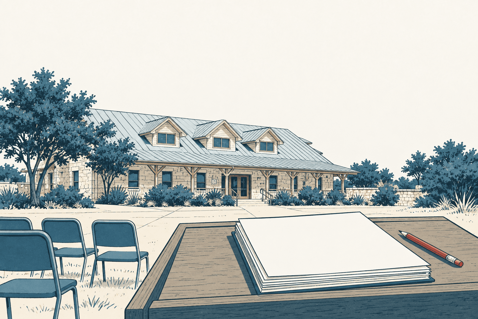 An illustrated civic building with empty chairs in front and a stack of blank papers and red pencil on a table.
