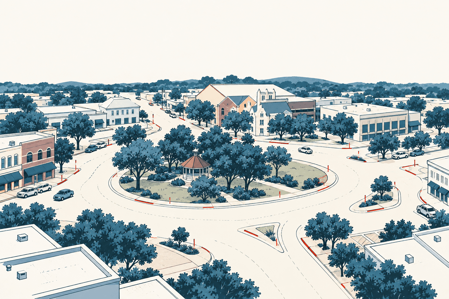 Aerial illustration of a small downtown with cars traveling around a tree-filled roundabout and red-painted curb sections along surrounding streets.