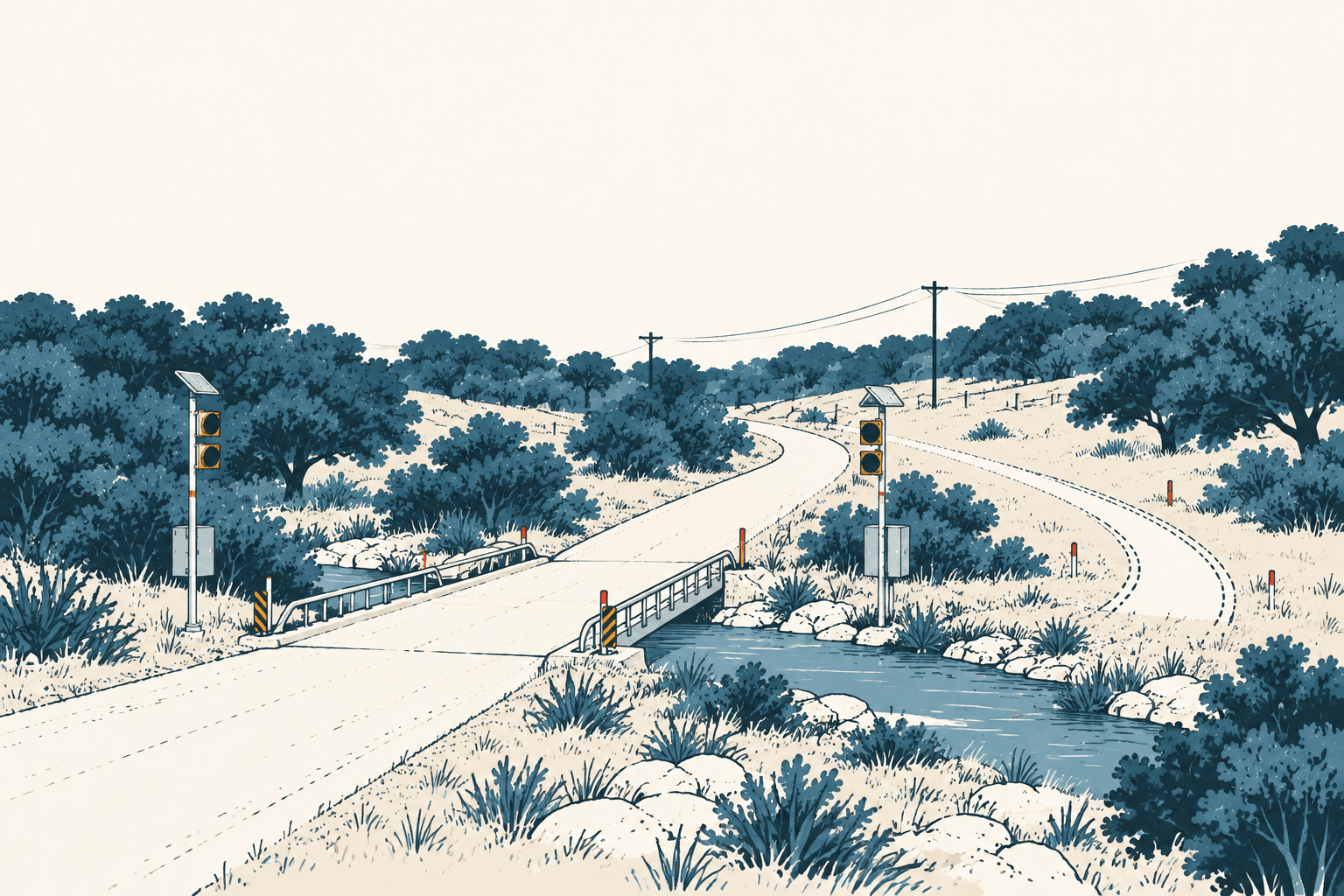 Airy cream and muted-blue illustration of a winding rural road crossing a creek on a small bridge, with warning signals, utility poles, trees and scrubland.