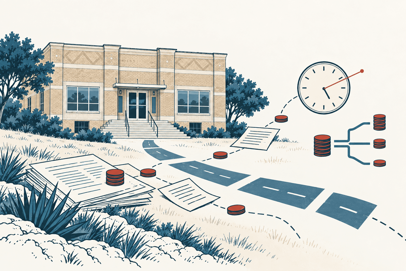 Editorial illustration of a civic building surrounded by audit papers, stacks of coins, a segmented road and a clock, representing roadway fees spent after a deadline.