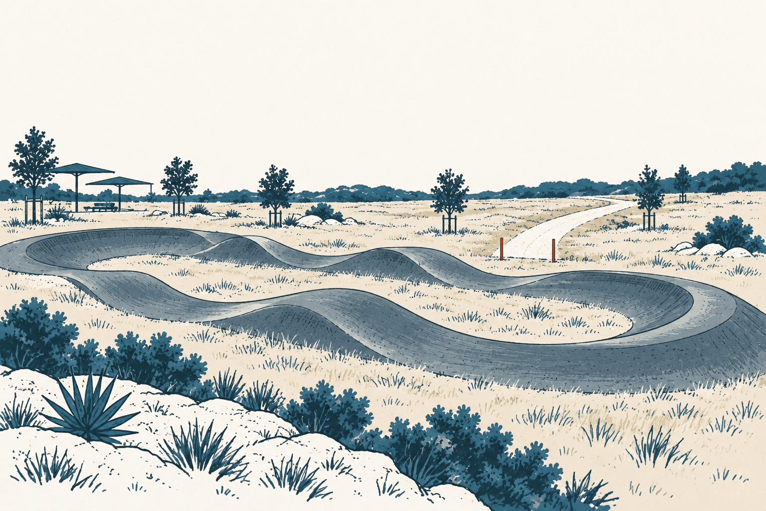 Stylized cream, navy and muted-blue illustration of a winding bike track in a grassy park, surrounded by shrubs, young trees, picnic shelters and a distant trail.