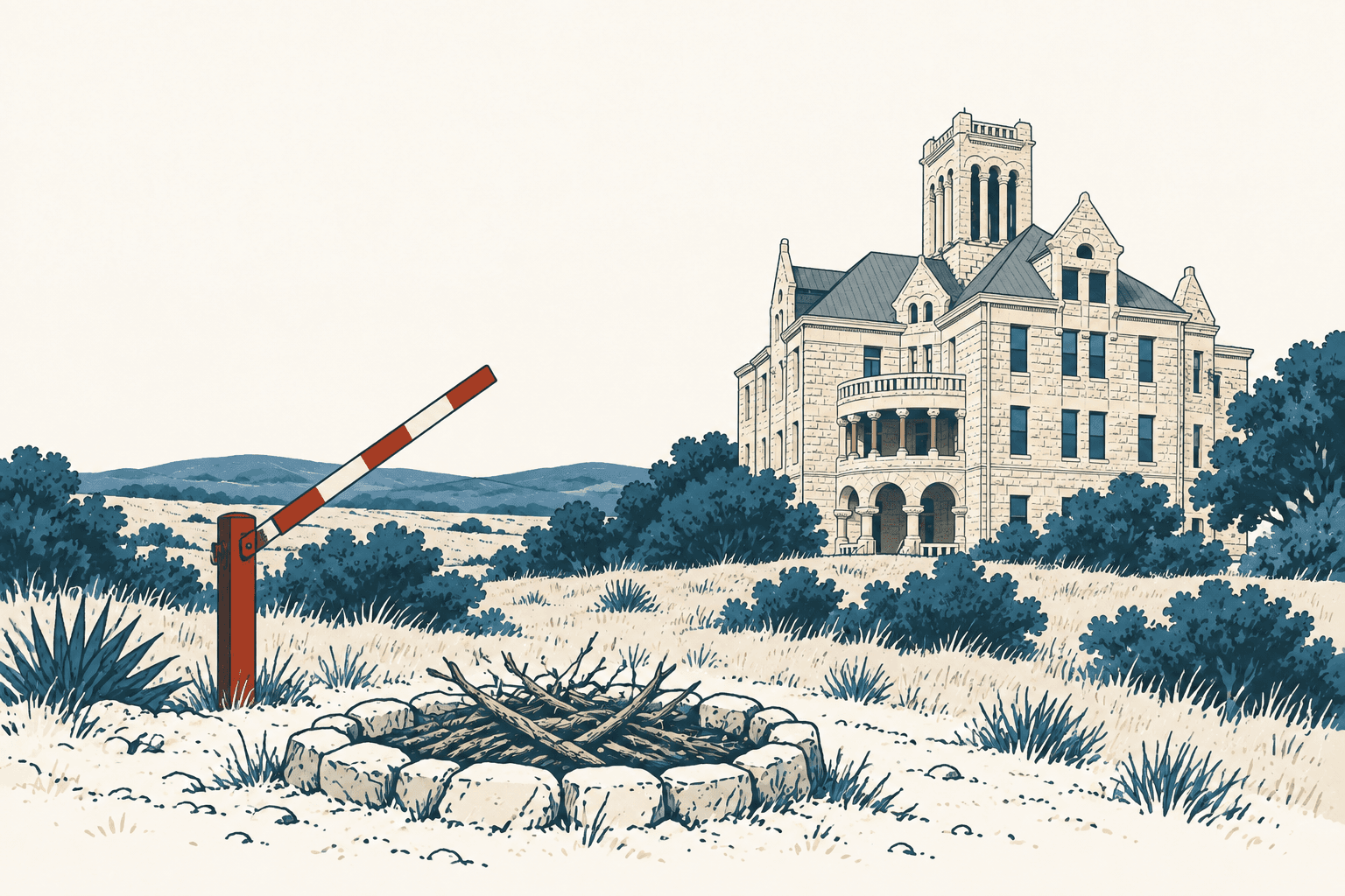 Stylized cream, navy and muted-blue illustration of a stone county courthouse overlooking dry brush, an empty fire ring and a raised red-and-white gate.