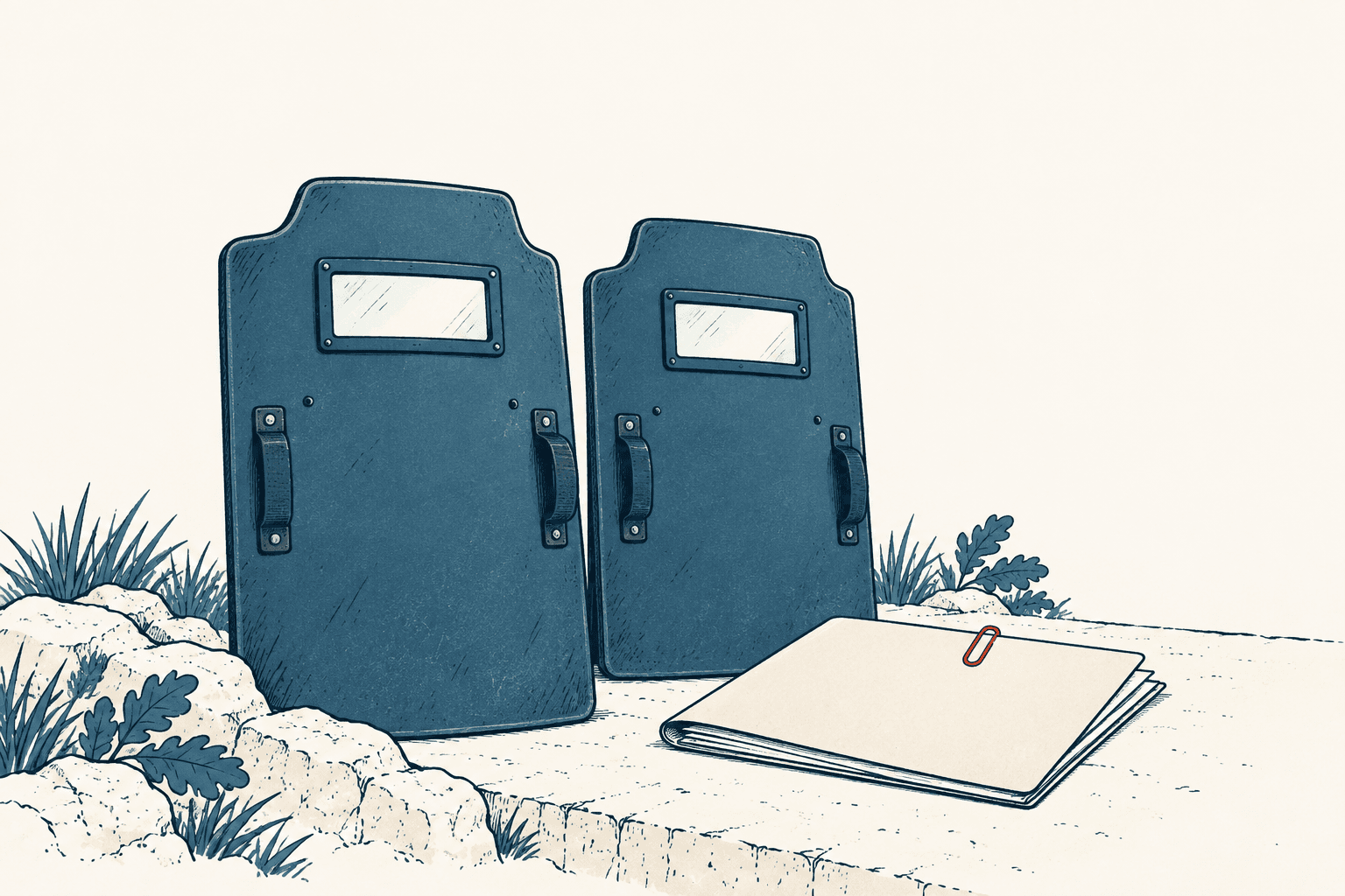 Two navy ballistic shields stand beside a closed folder on rocky ground in a cream-and-blue editorial illustration.