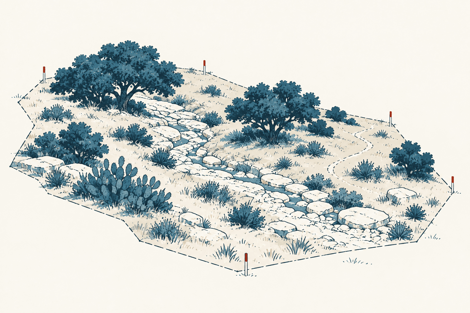 Airy cream and muted-blue illustration of a rocky dry creek winding through a marked tract with oak trees, cactus, shrubs and a footpath.