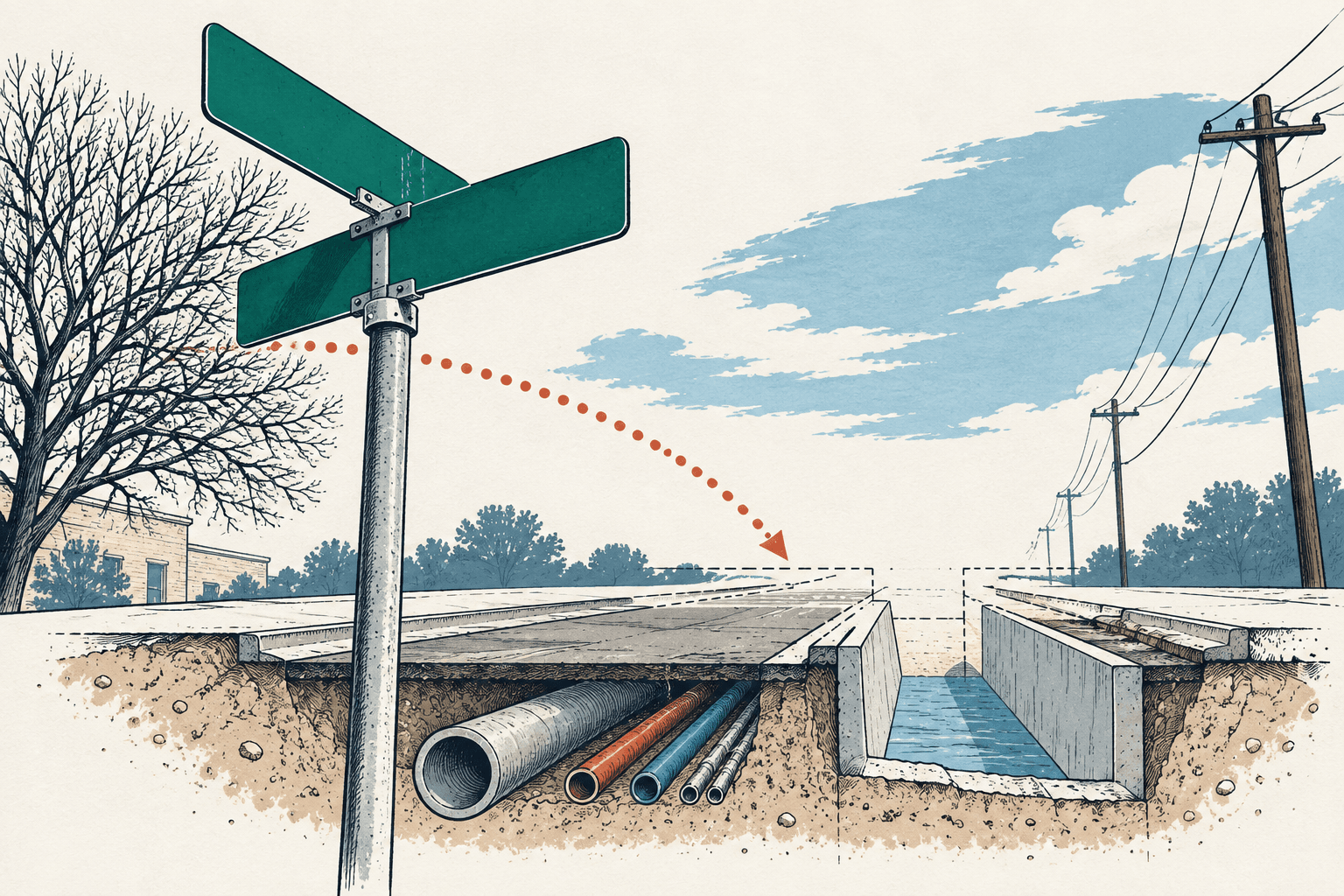 Hand-drawn cutaway of a road under construction, showing drainage channels and underground utility pipes beneath blank street signs and power lines.