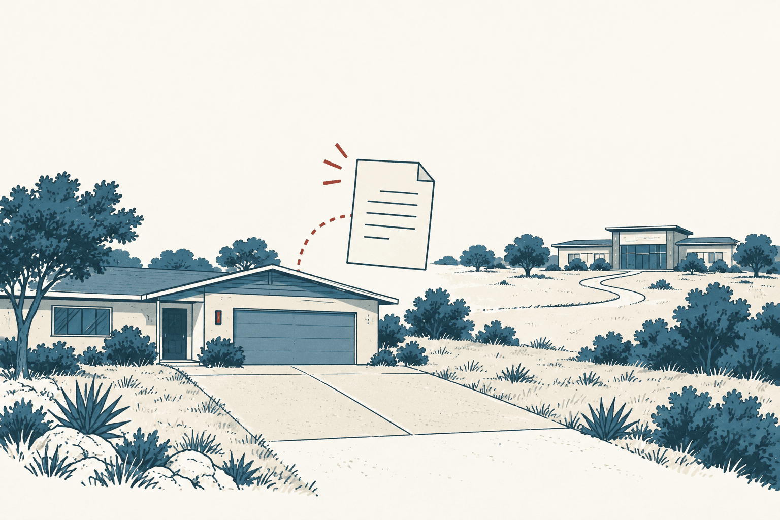Stylized blue and cream illustration of a house with a paved driveway, shrubs, a floating document icon, and a distant building.