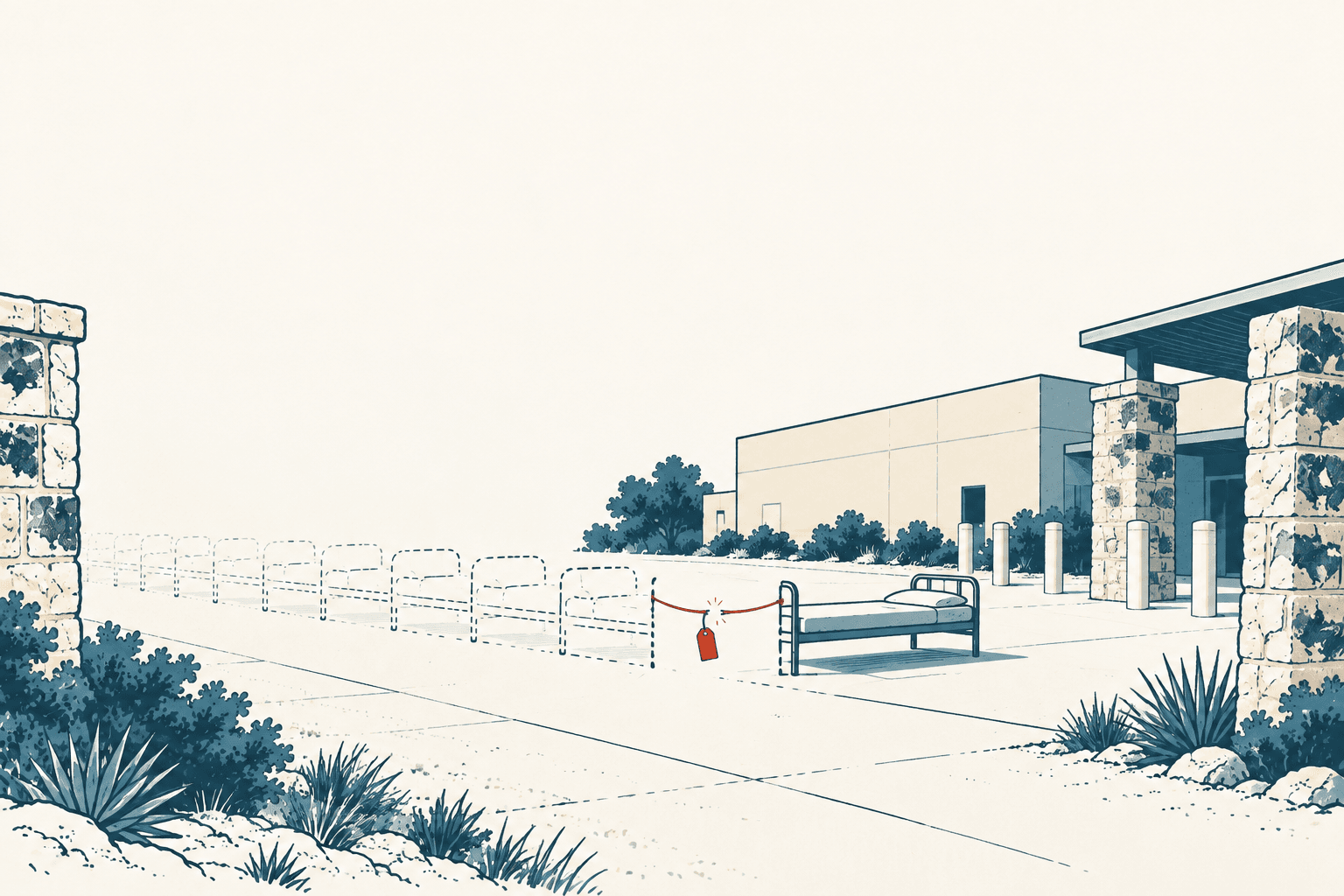 Stylized cream and navy illustration of a county detention facility with an empty bed cordoned off by a red-tagged barrier.