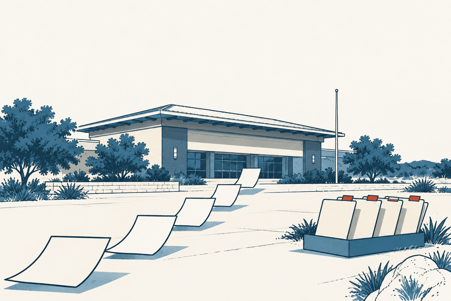 Stylized cream, navy and muted-blue illustration of a civic building, with loose financial papers leading toward its entrance and project folders arranged in the foreground.