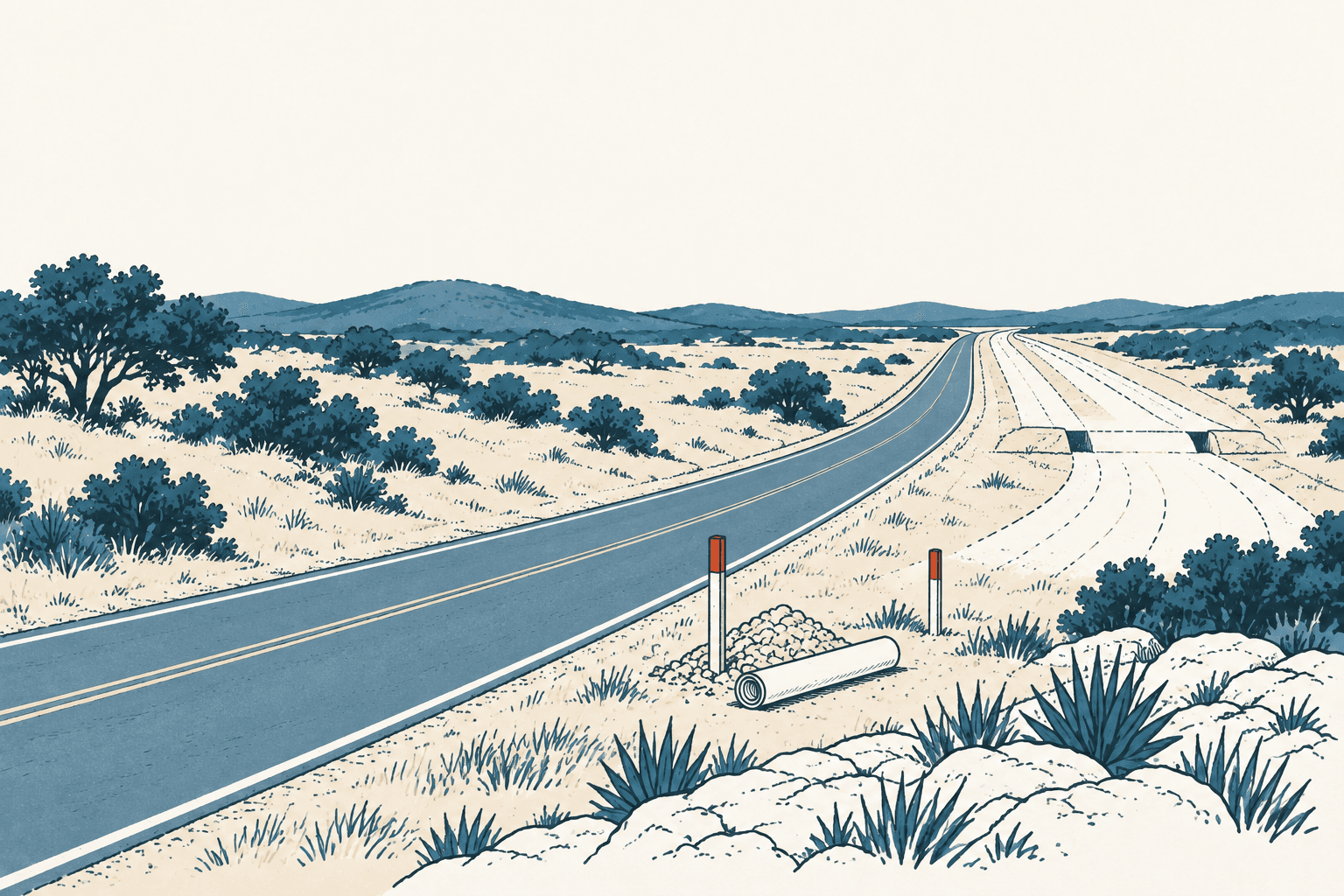 Stylized cream and muted-blue illustration of a rural highway beside a graded but unfinished roadway, with construction materials, scrub, and low hills.