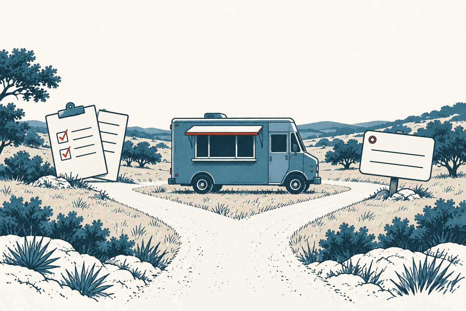 Stylized cream and muted-blue illustration of a food truck on a branching rural road, with checked forms on the left and a blank registration card on the right.