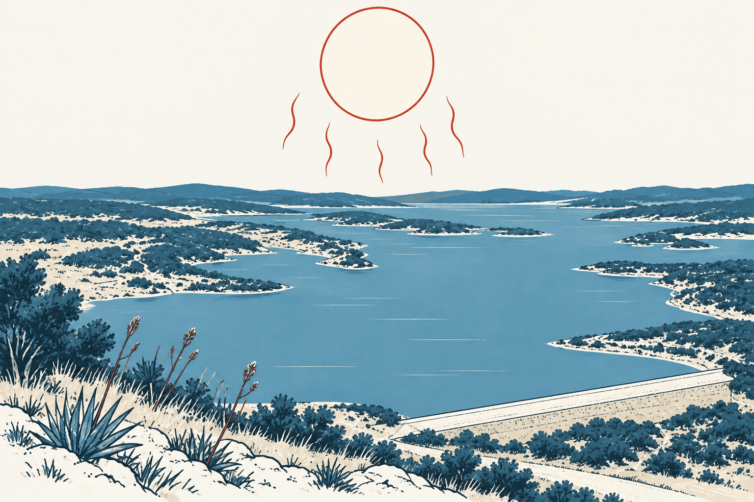 Stylized cream and muted-blue landscape of a reservoir and scrub-covered hills beneath a red sun with wavy heat lines.
