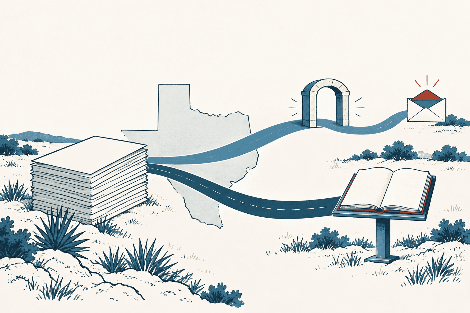 Stylized Texas landscape with a state outline, stacked papers, branching roads, an archway, an envelope and an open book, symbolizing tax rules and refunds.