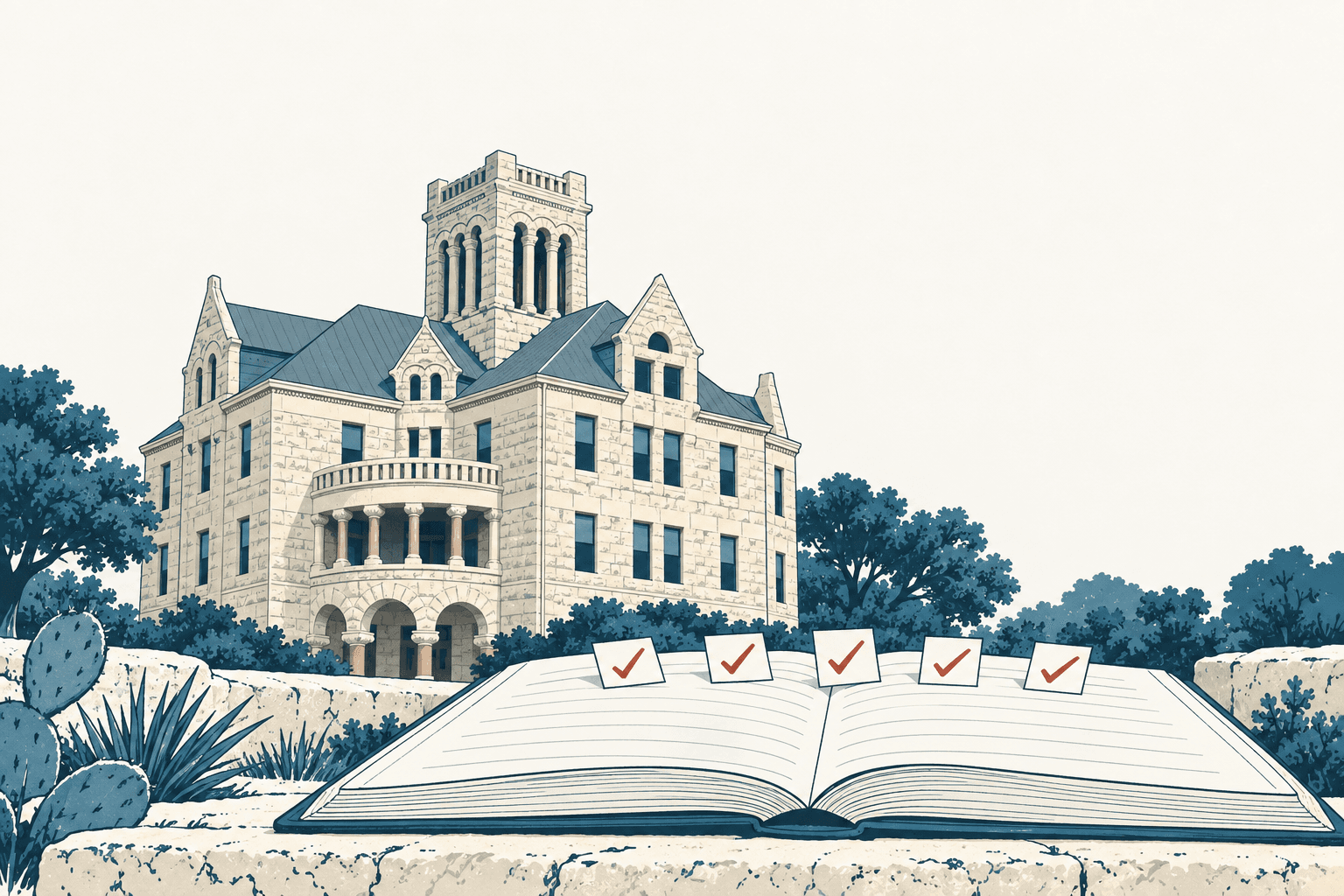 Stylized cream and navy illustration of a county courthouse behind an open record book topped by five checked boxes.