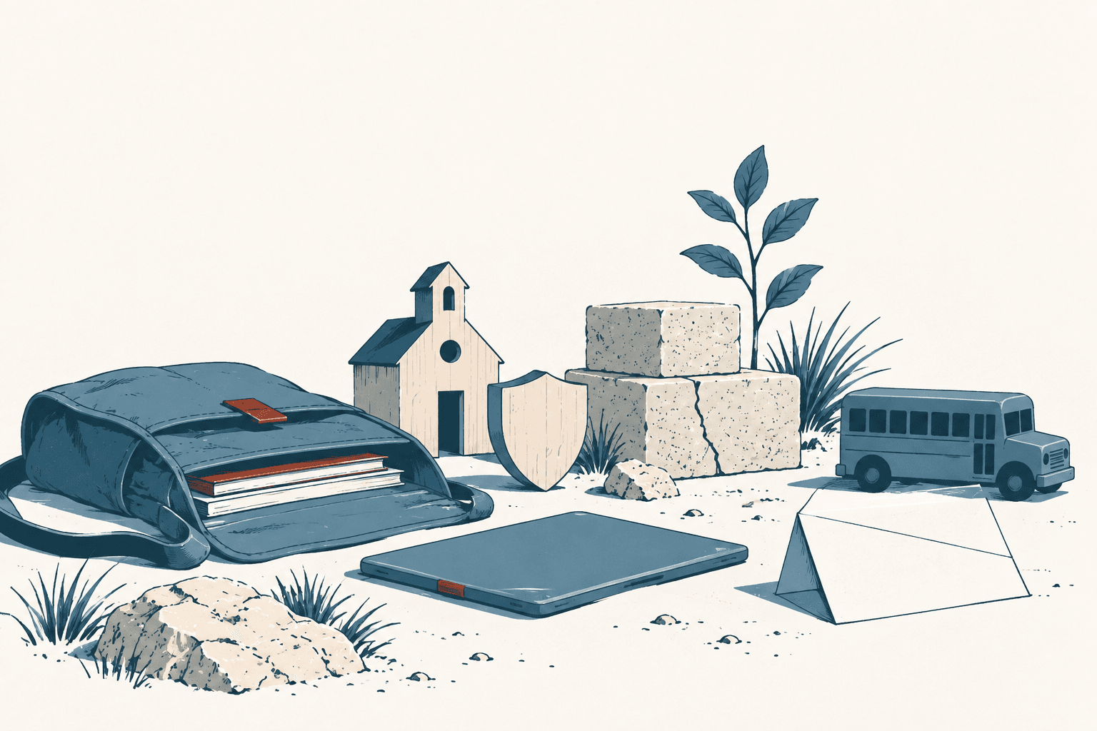 Editorial illustration of a schoolhouse, backpack with books, tablet, safety shield, aging concrete blocks, school bus and folded ballot form in muted blue and cream.