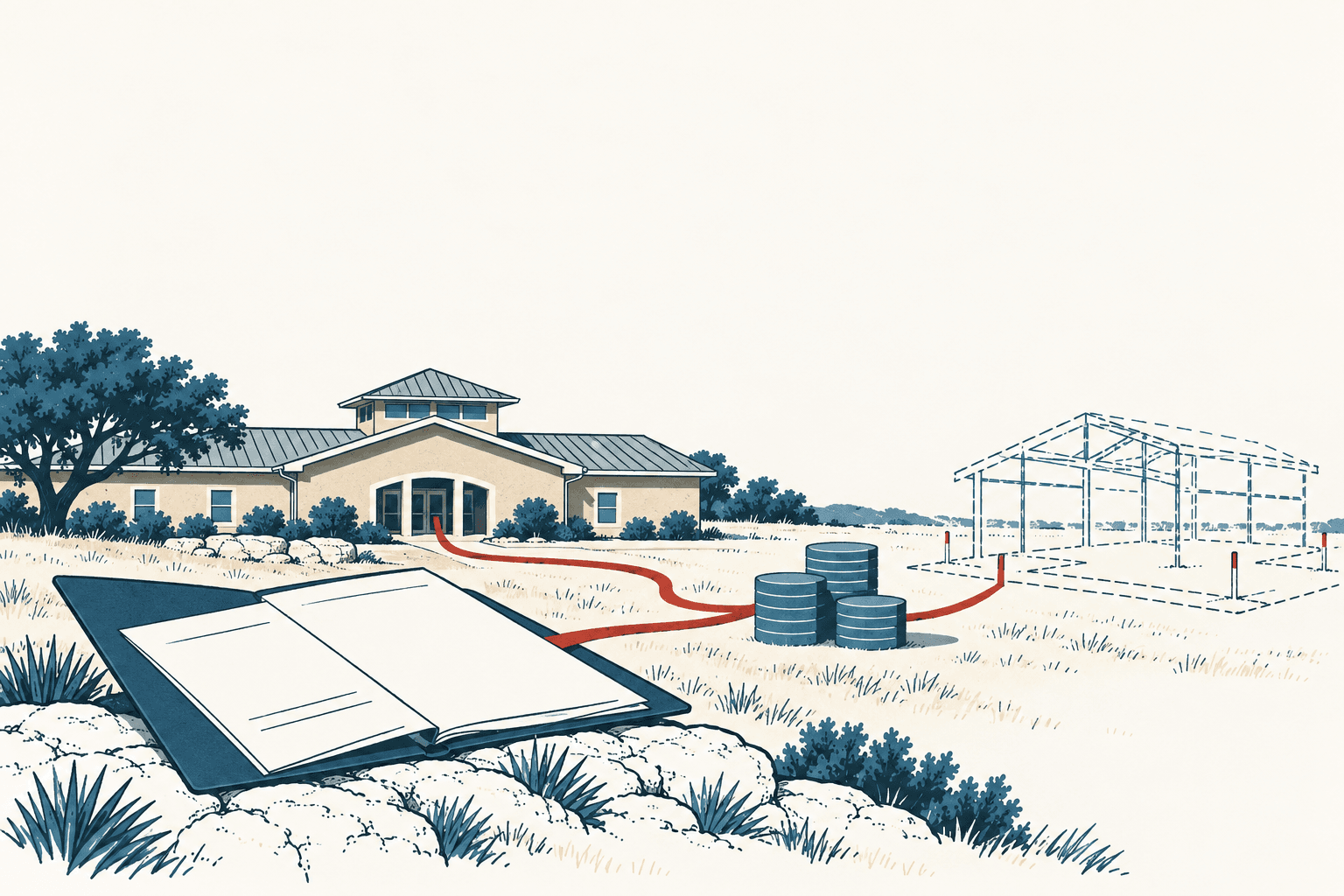Editorial illustration of architectural plans, stacks of coins, an existing civic building and the outline of a proposed training facility connected by a red line.