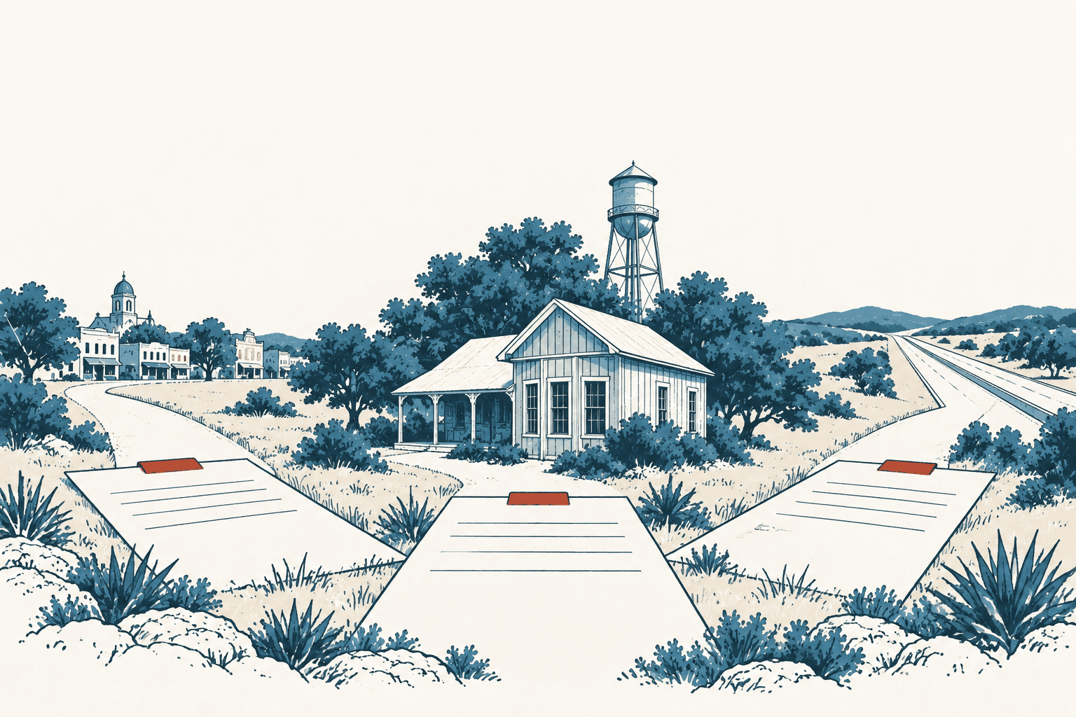 Stylized cream-and-navy illustration of three application forms overlooking a small-town building, water tower and highway.