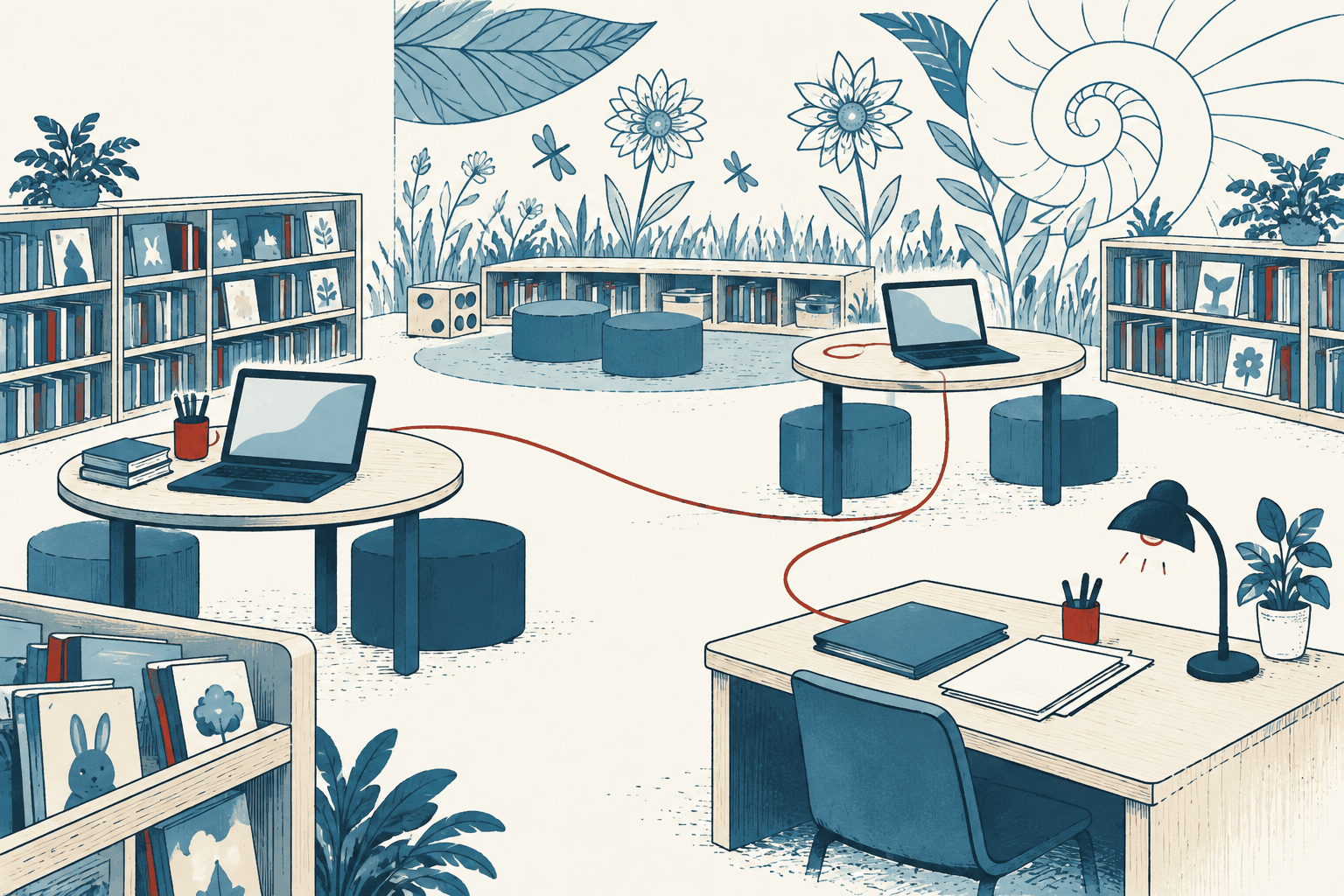 Airy cream and muted-blue illustration of a library with bookshelves, laptops, round tables, stools and a small-business work desk.