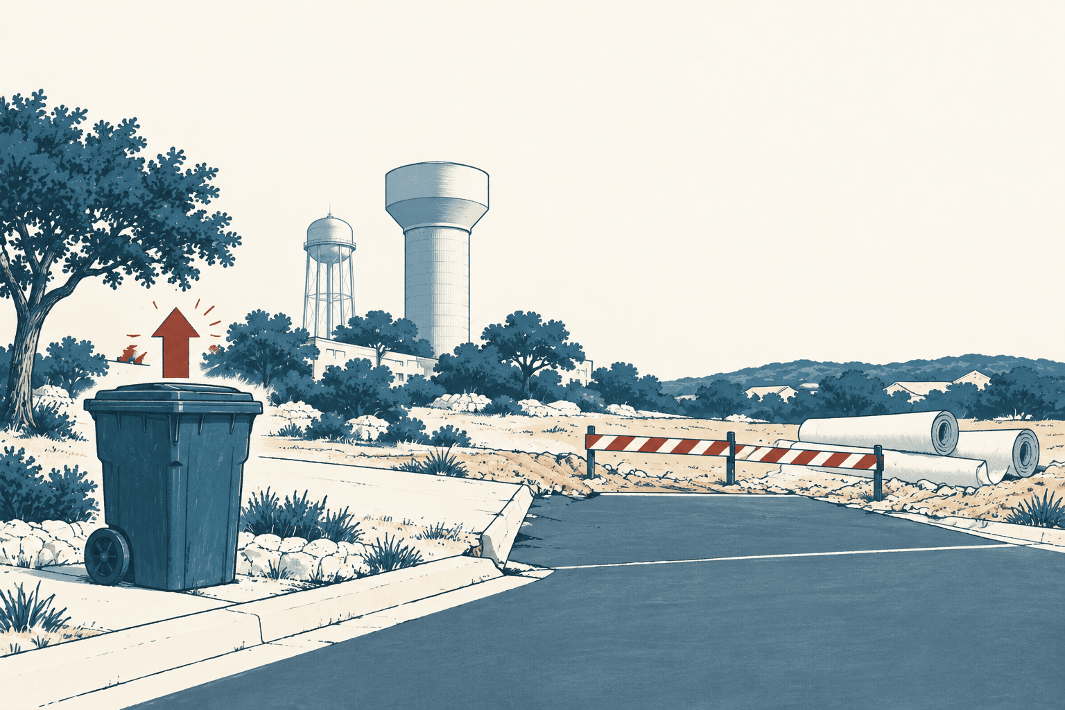 Editorial illustration of a trash bin beneath an upward arrow beside a blocked road, construction materials and water towers in a suburban landscape.
