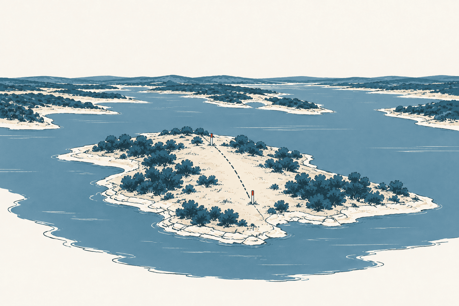 Editorial illustration of a brush-covered island in Canyon Lake with a dashed line and survey markers indicating a proposed division into two lots.