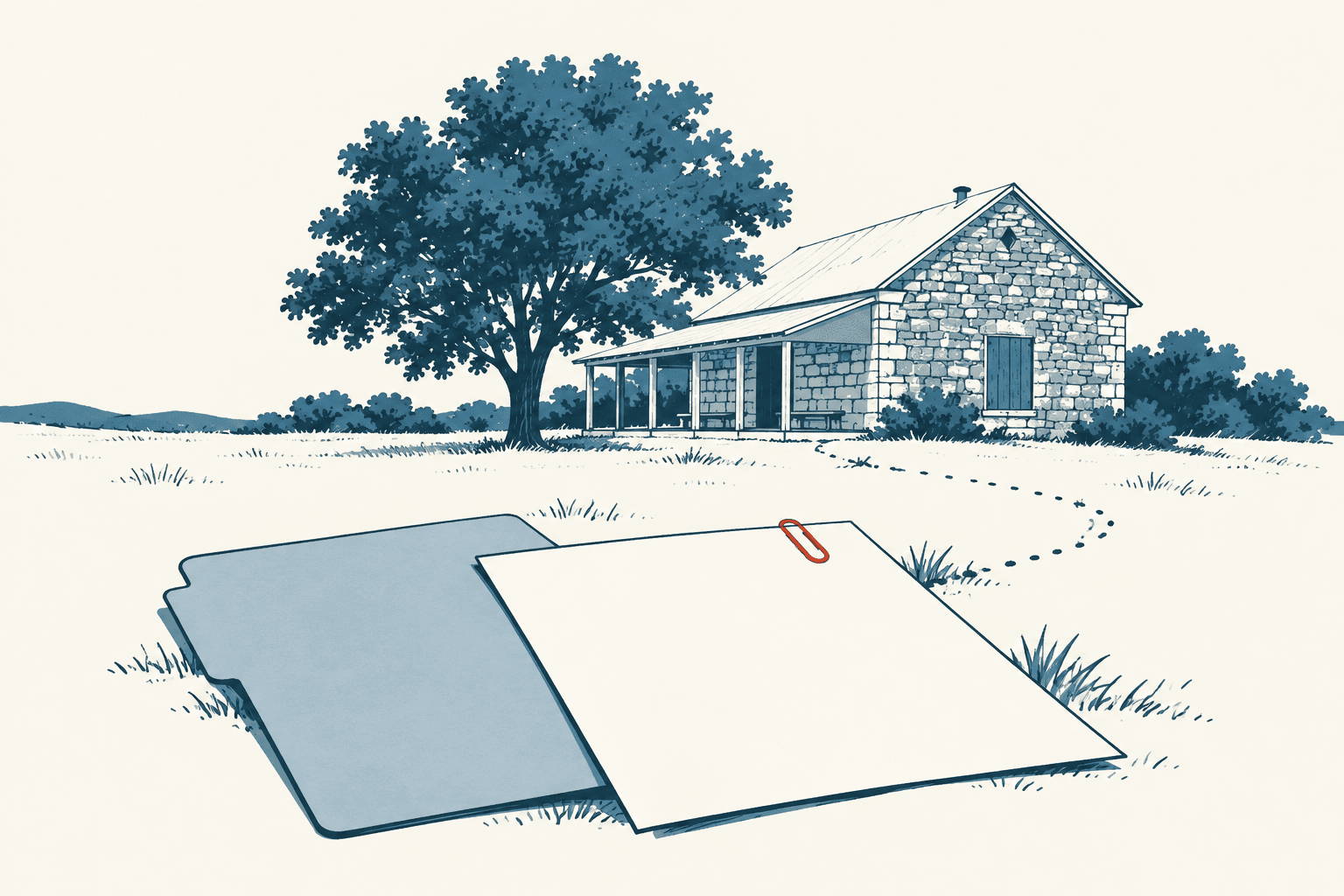 An airy cream and muted-blue illustration of a stone schoolhouse beneath a large tree, with blank papers and a red paper clip in the foreground.