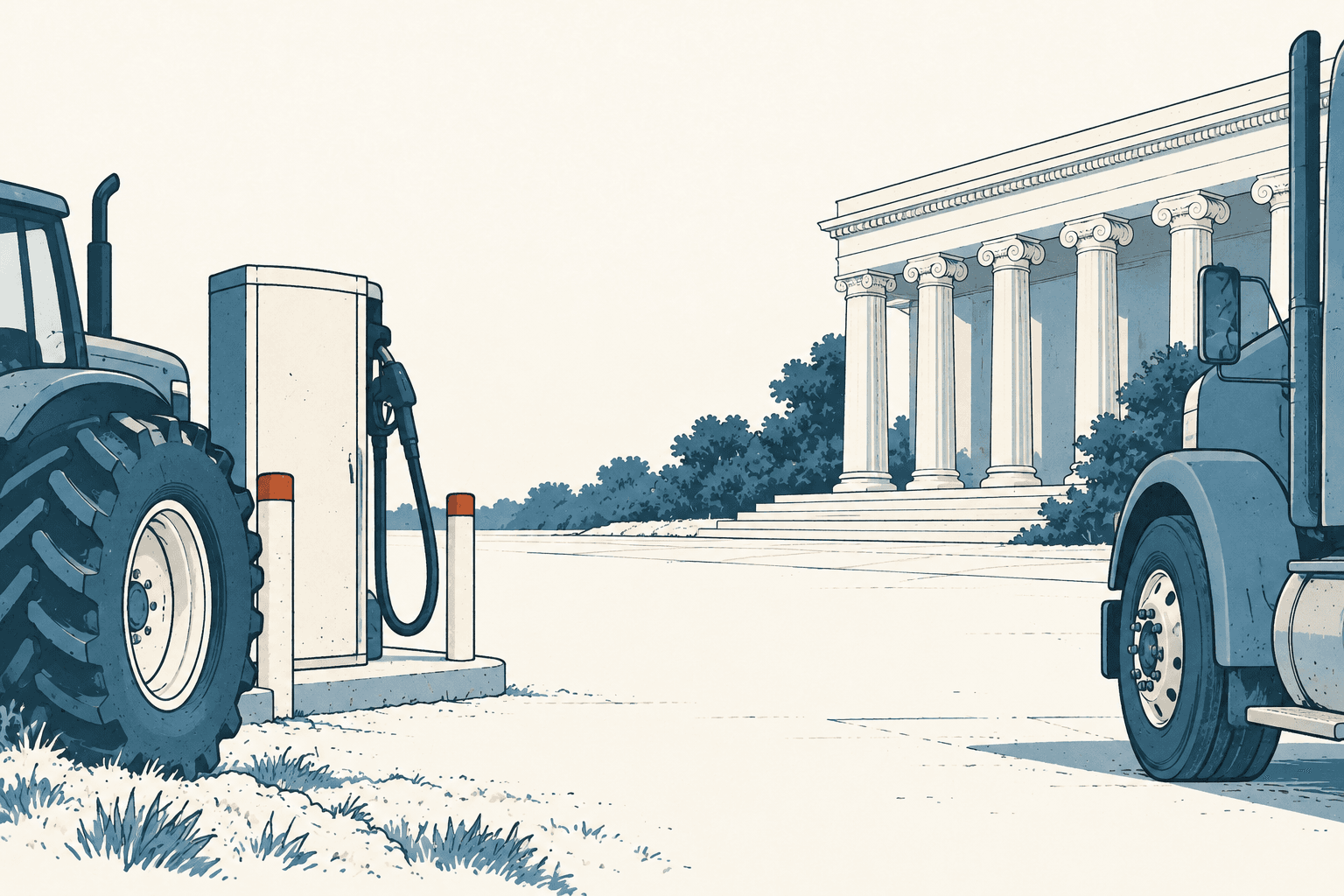 Blue and cream line illustration of a tractor, diesel pump, truck, and columned building.