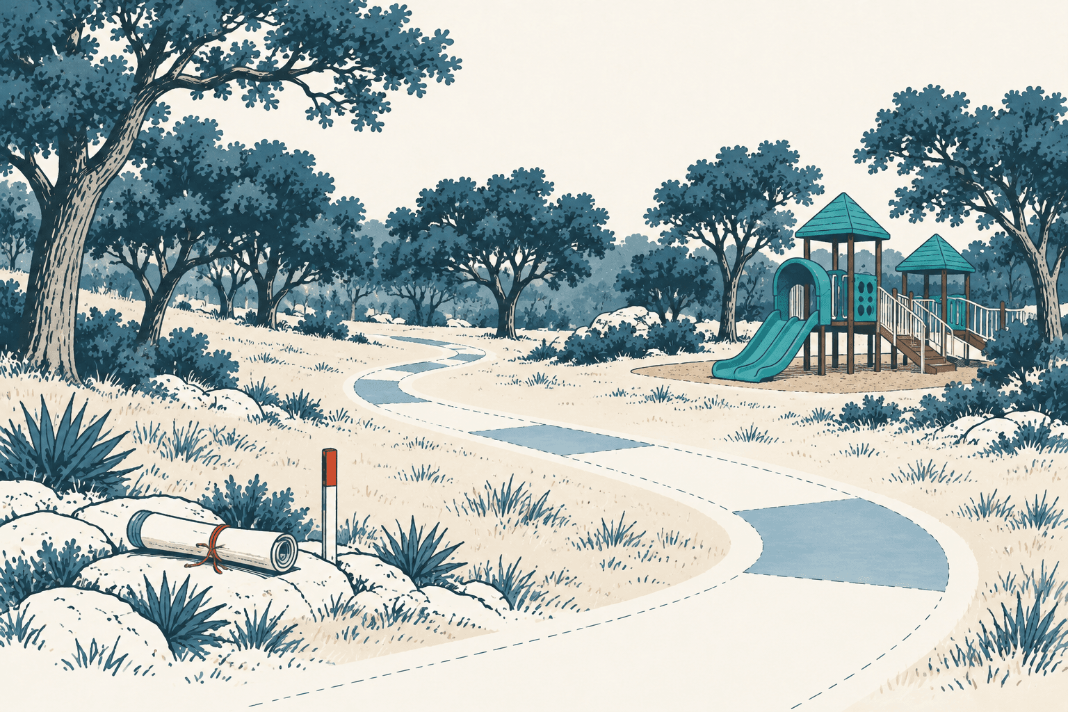 Stylized cream, navy and muted-blue illustration of a winding park trail beside trees and a playground, with rolled plans and a survey marker in the foreground.