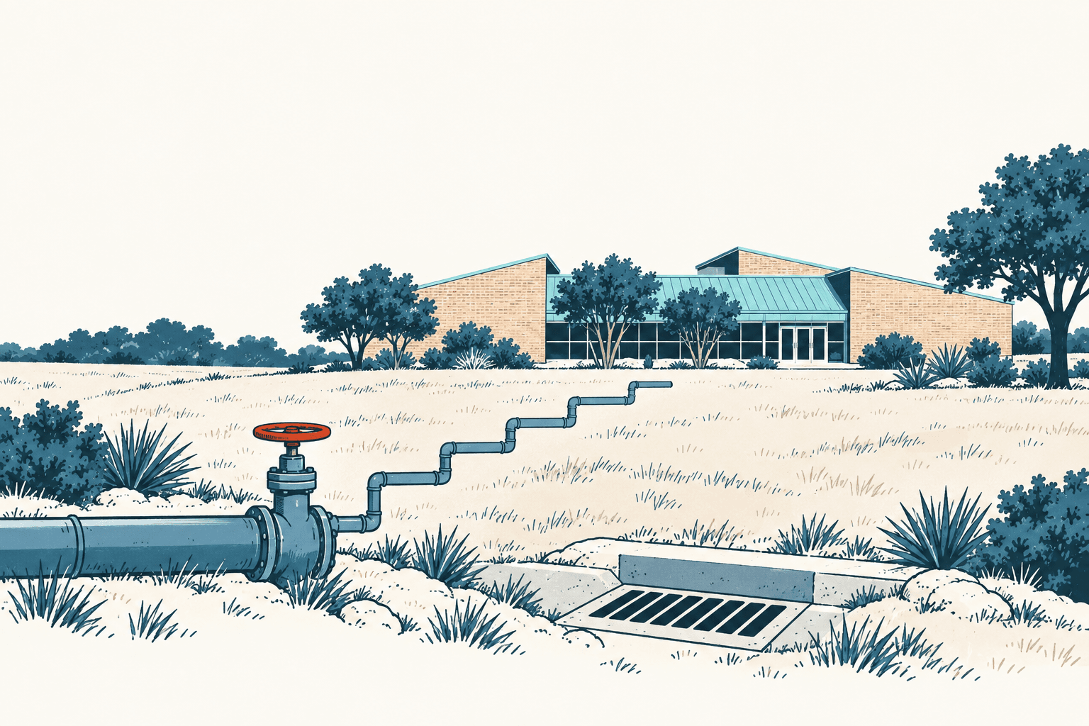 Editorial illustration of a large water pipe, valve and storm drain in a grassy landscape outside a municipal building.