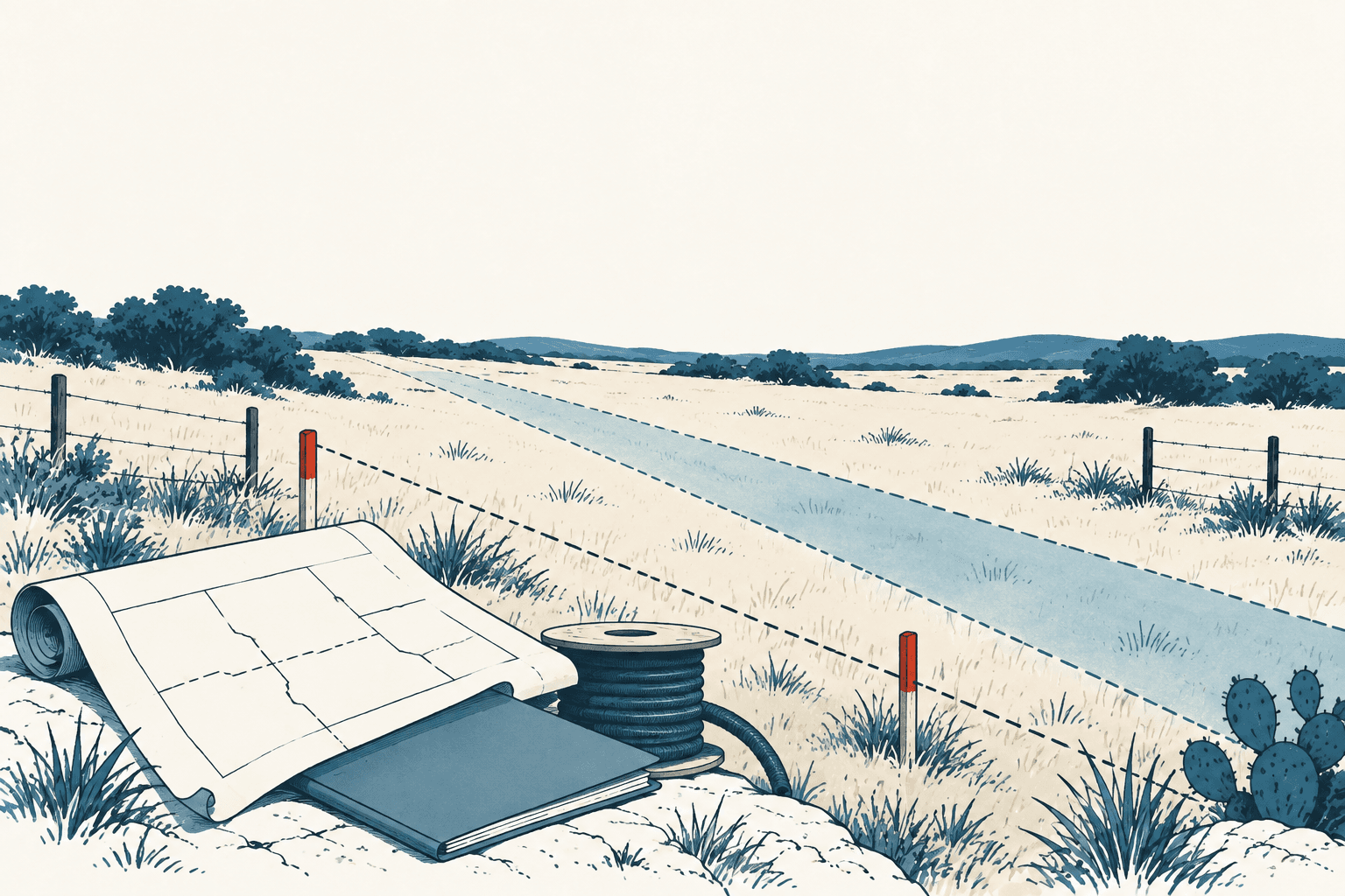 Stylized cream, navy and muted-blue illustration of survey plans and a cable spool beside a marked easement corridor crossing rural land.