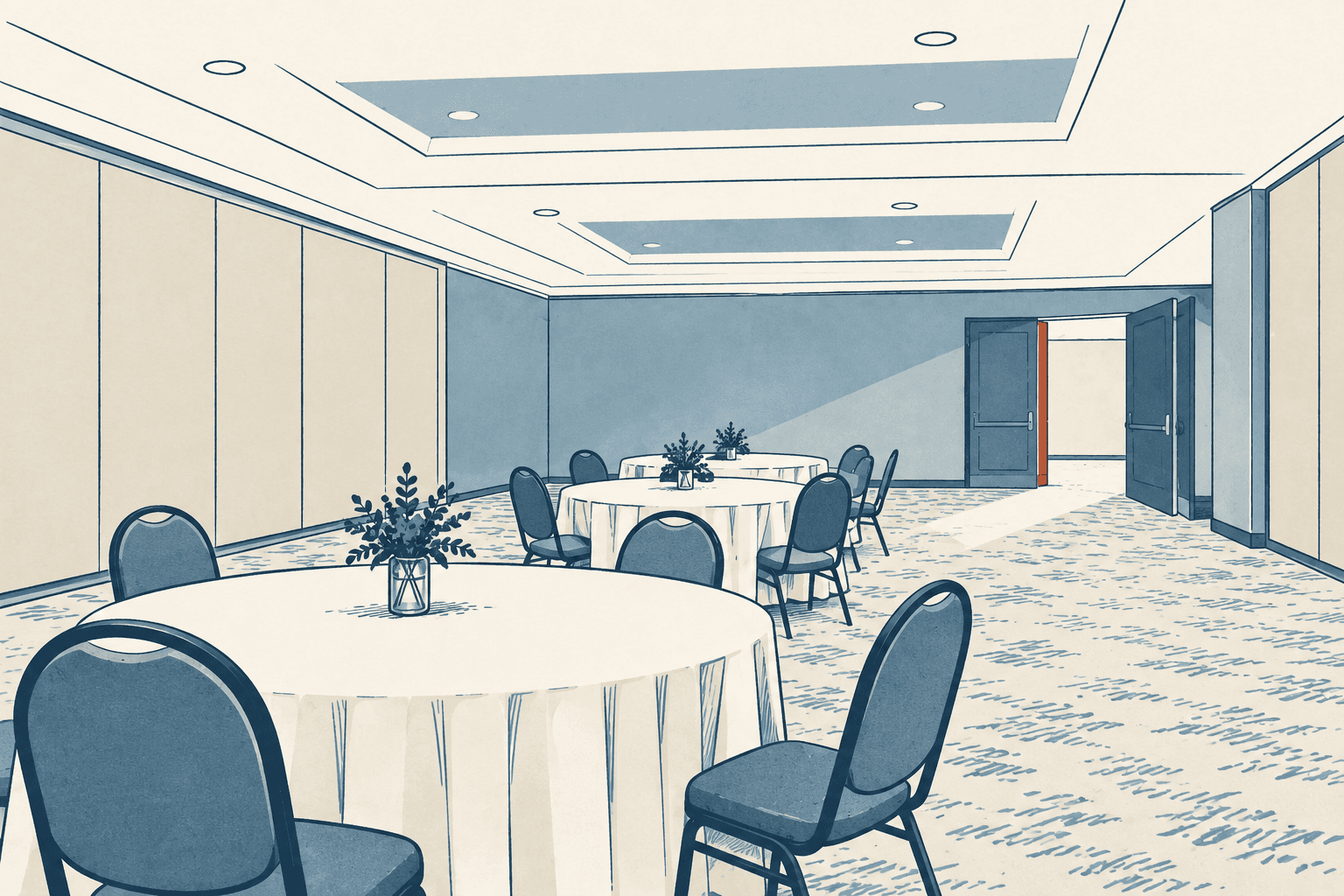 An airy blue-and-cream illustration of an empty conference room with round tables, chairs and open double doors.