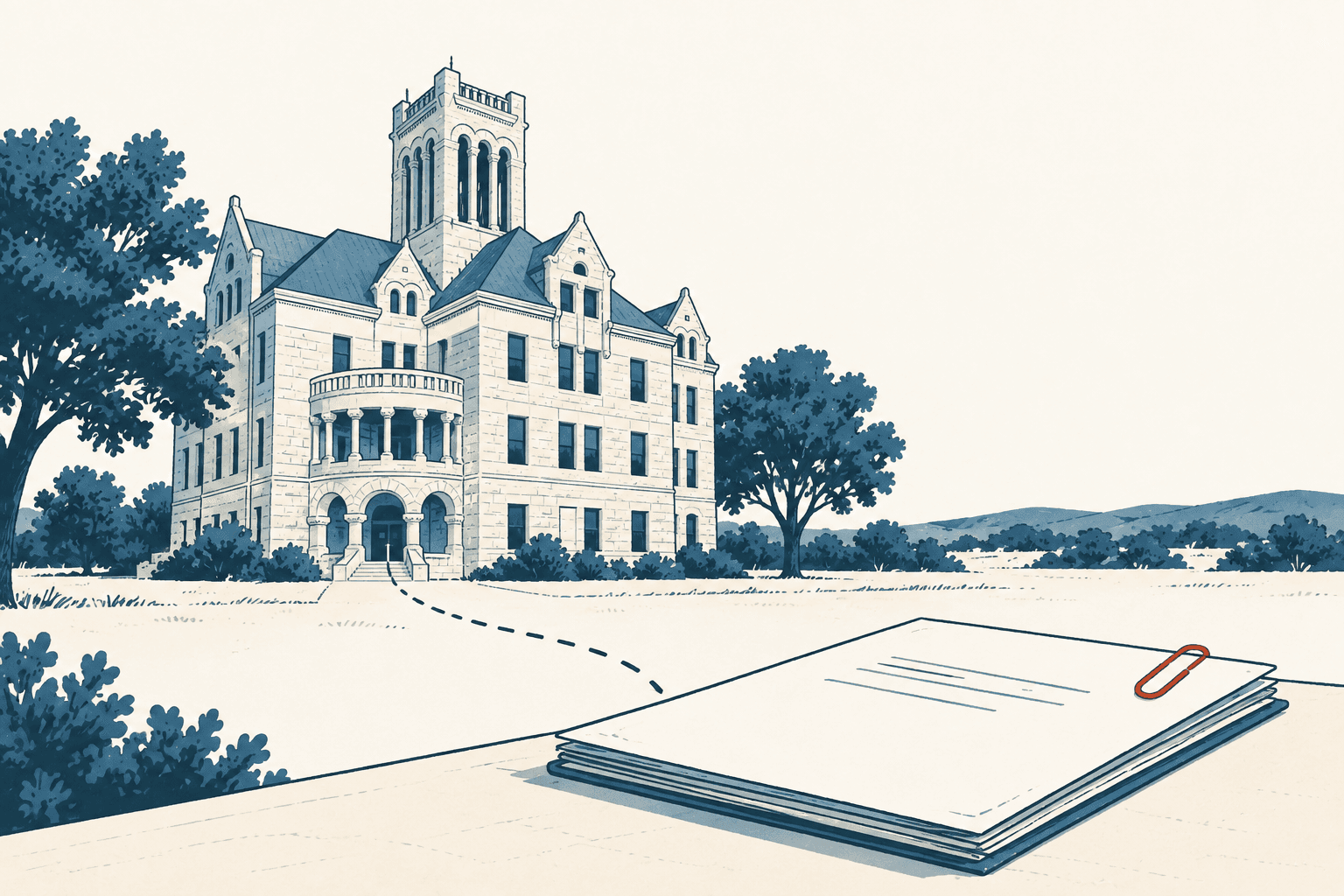 Airy cream, navy and muted-blue illustration of a historic county courthouse with a clipped stack of papers in the foreground.