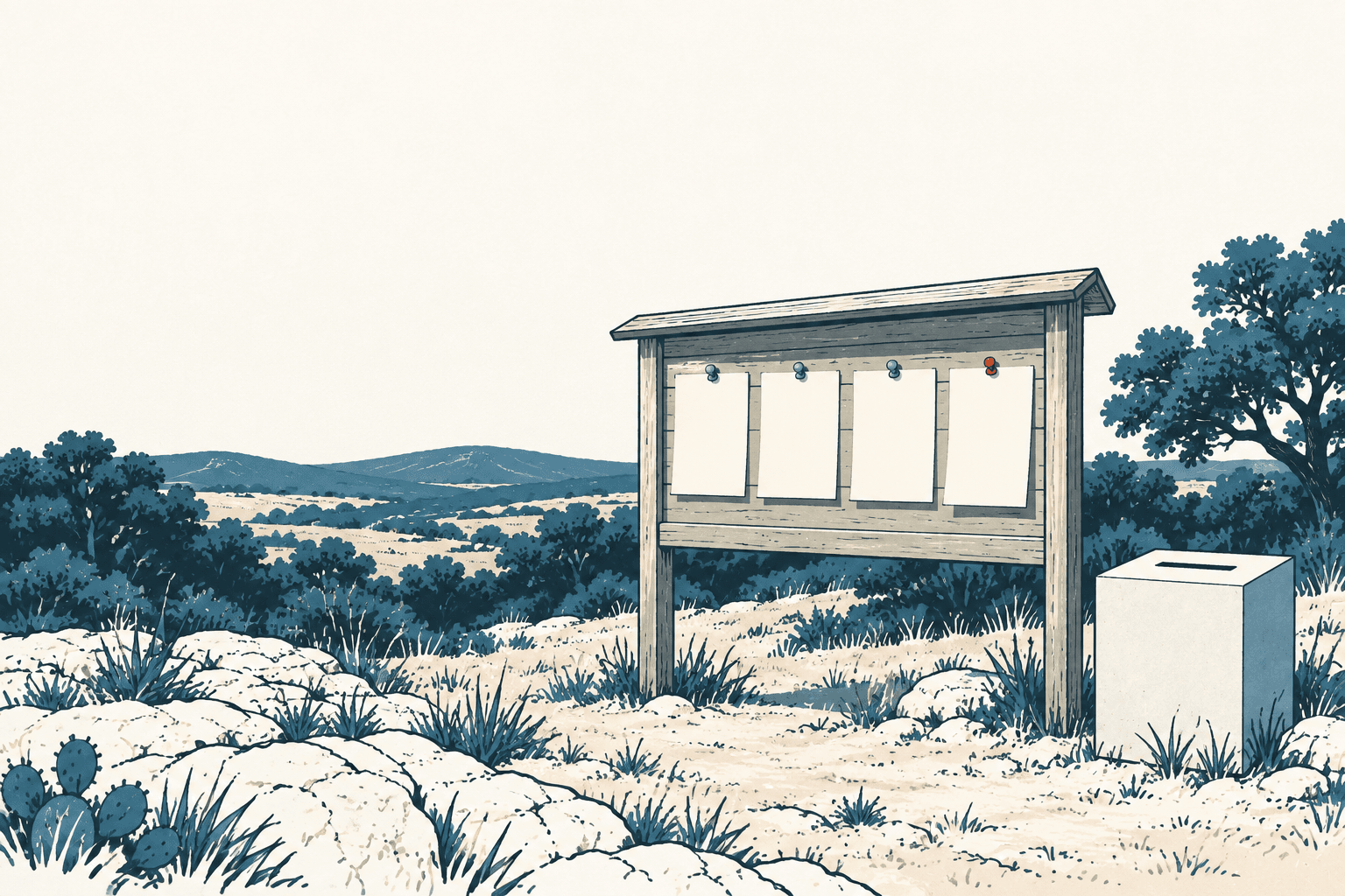 Stylized cream and navy illustration of four blank notices pinned to a wooden board beside a ballot box in a rocky Hill Country landscape.